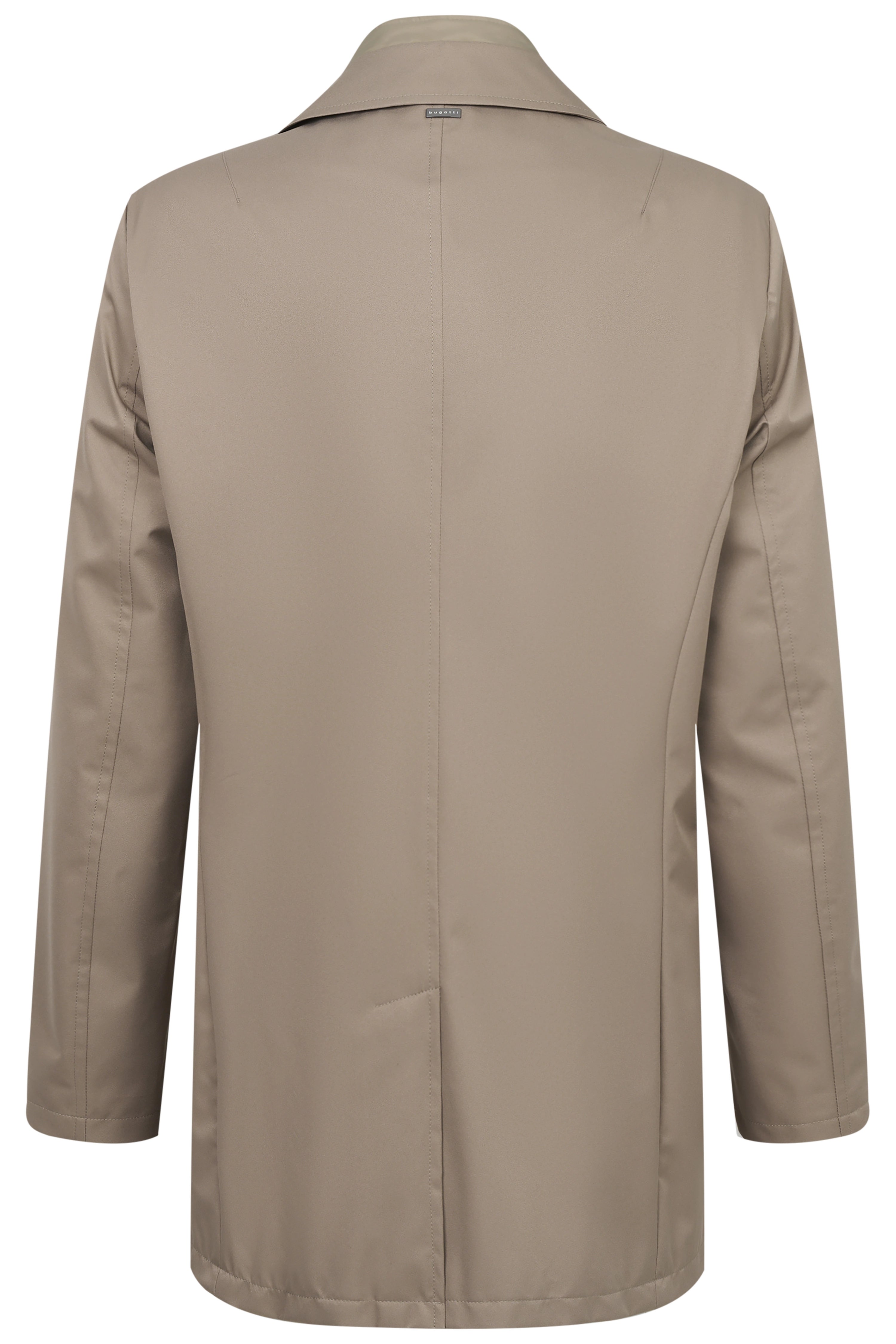 Beige bugatti Mantel Rückansicht, schlichtes Design, Büstenbild.