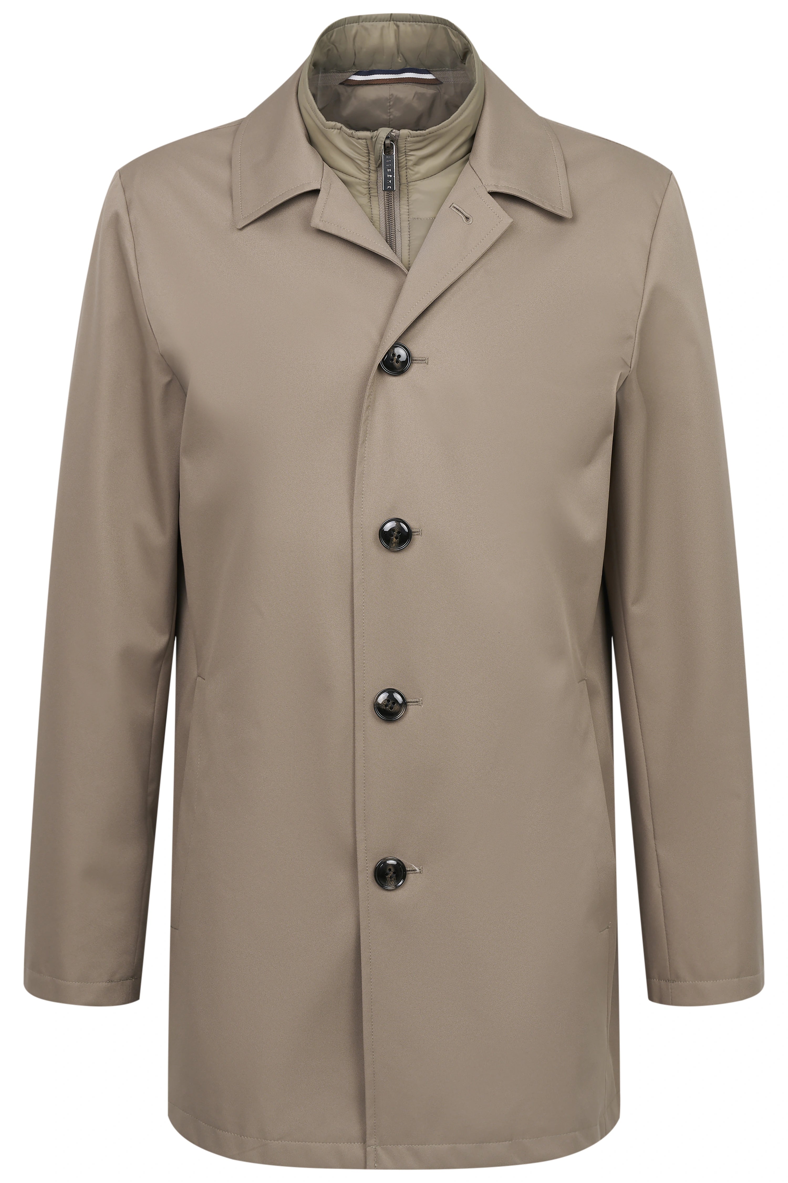 Beige bugatti Mantel, Büstenbild, klassische Knopfleiste, elegantes Design.