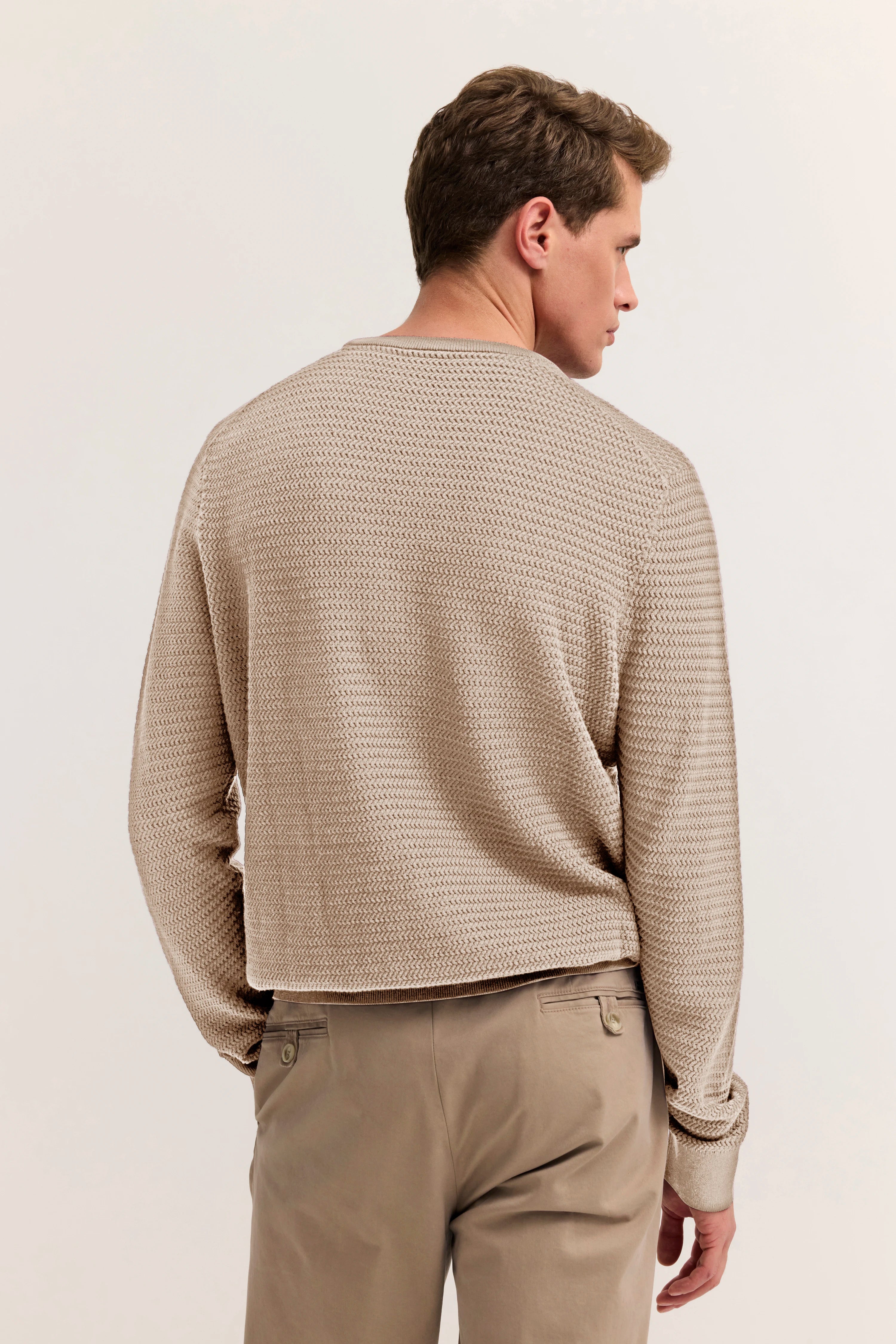 Beiger Strickpullover und beige Hose von bugatti, Rückansicht, legeres Modelbild.