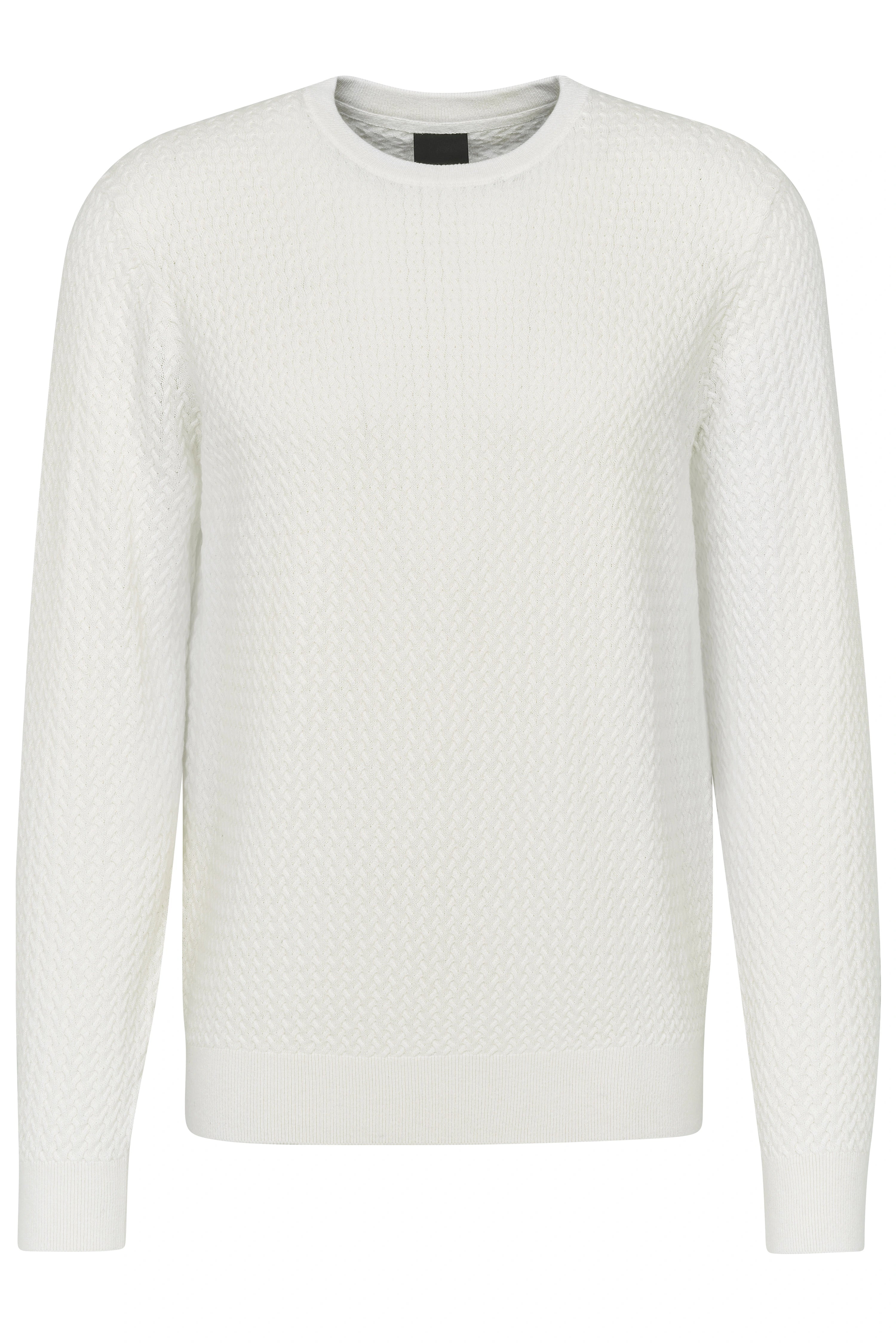White knit sweater by bugatti, bust image, timeless design.