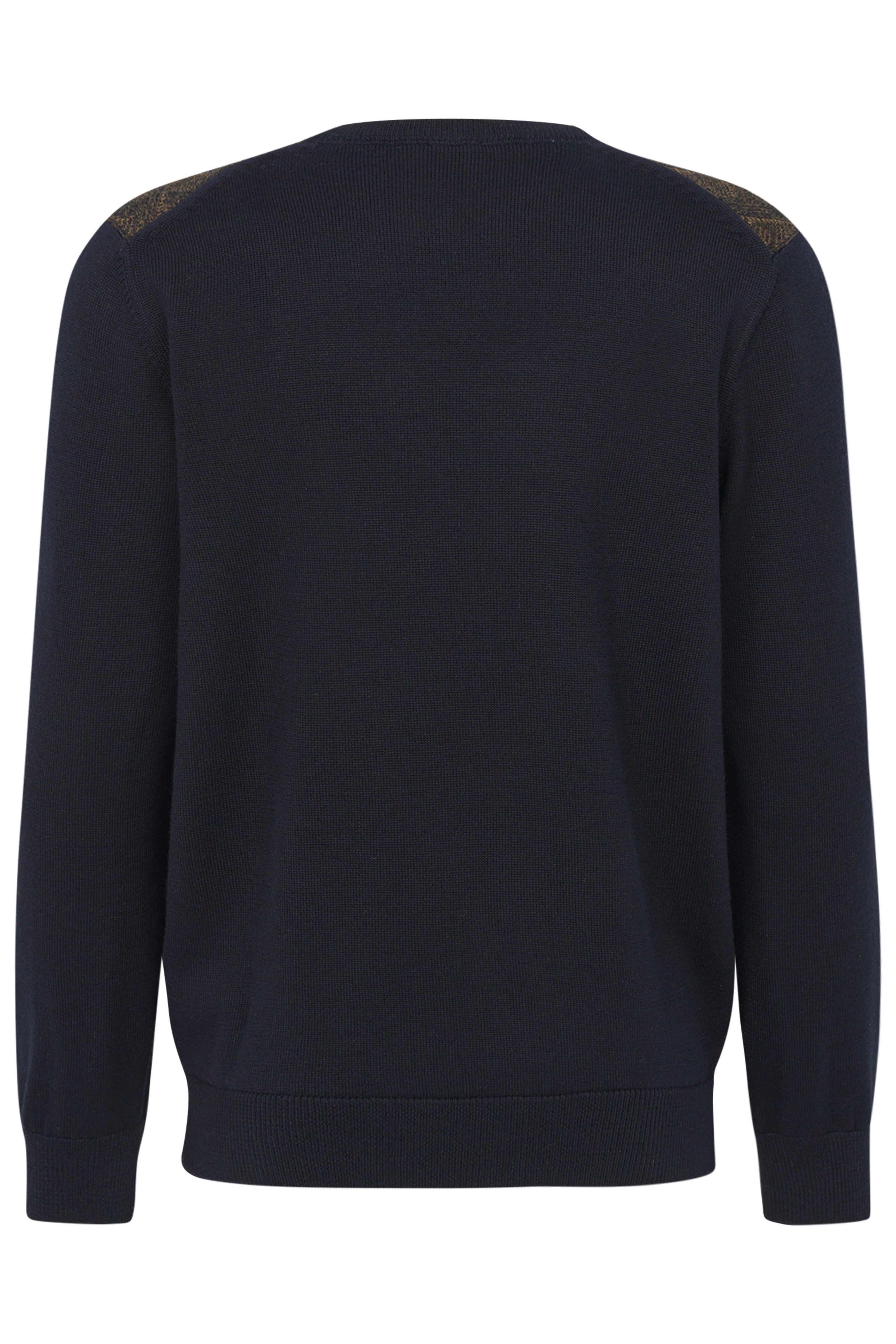 Schwarzer bugatti Pullover, Rückansicht, schlichtes Design, legeres Büstenbild.