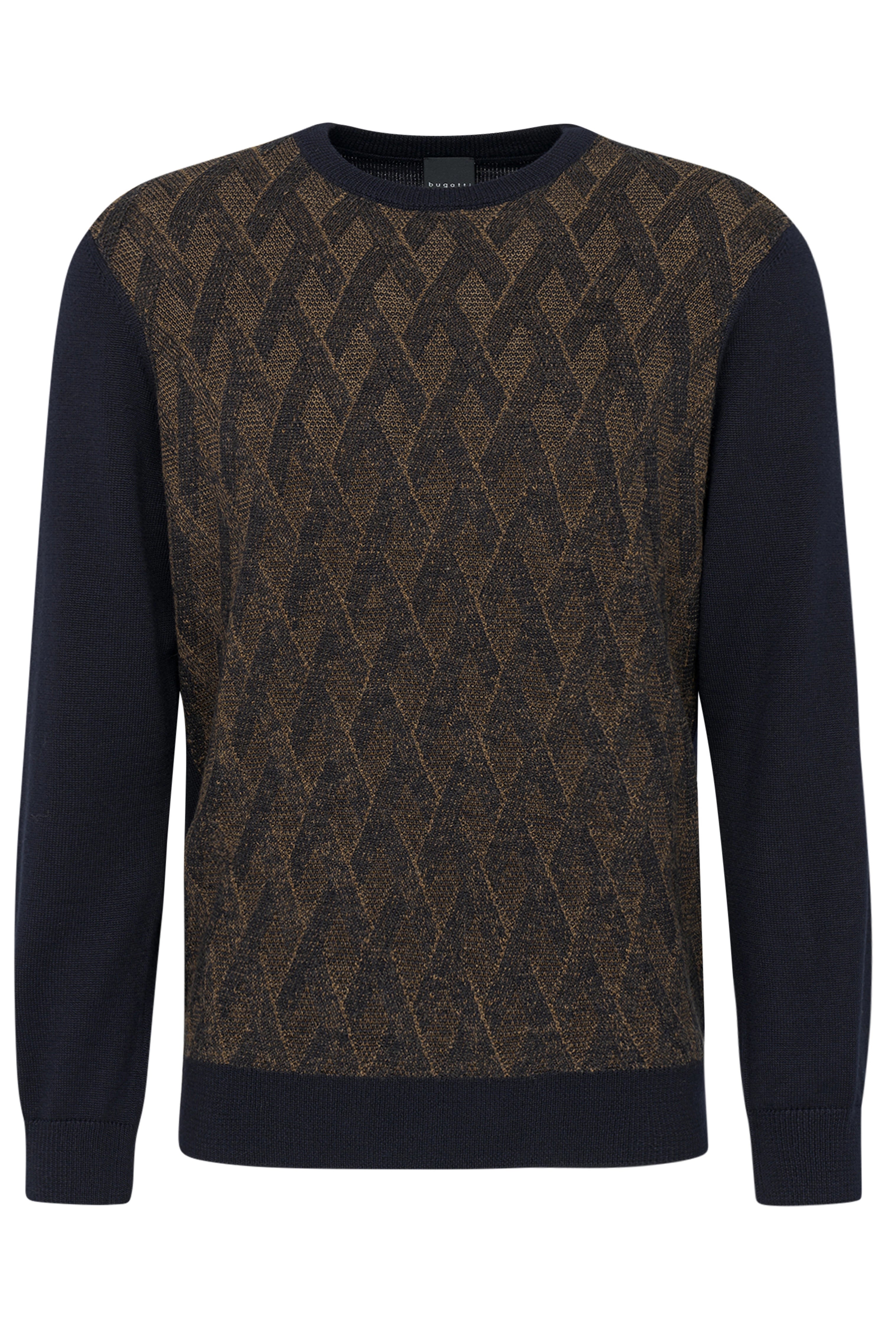 bugatti Pullover, Büstenbild, braunes Rautenmuster auf dunkelblauem Hintergrund, elegantes Design.