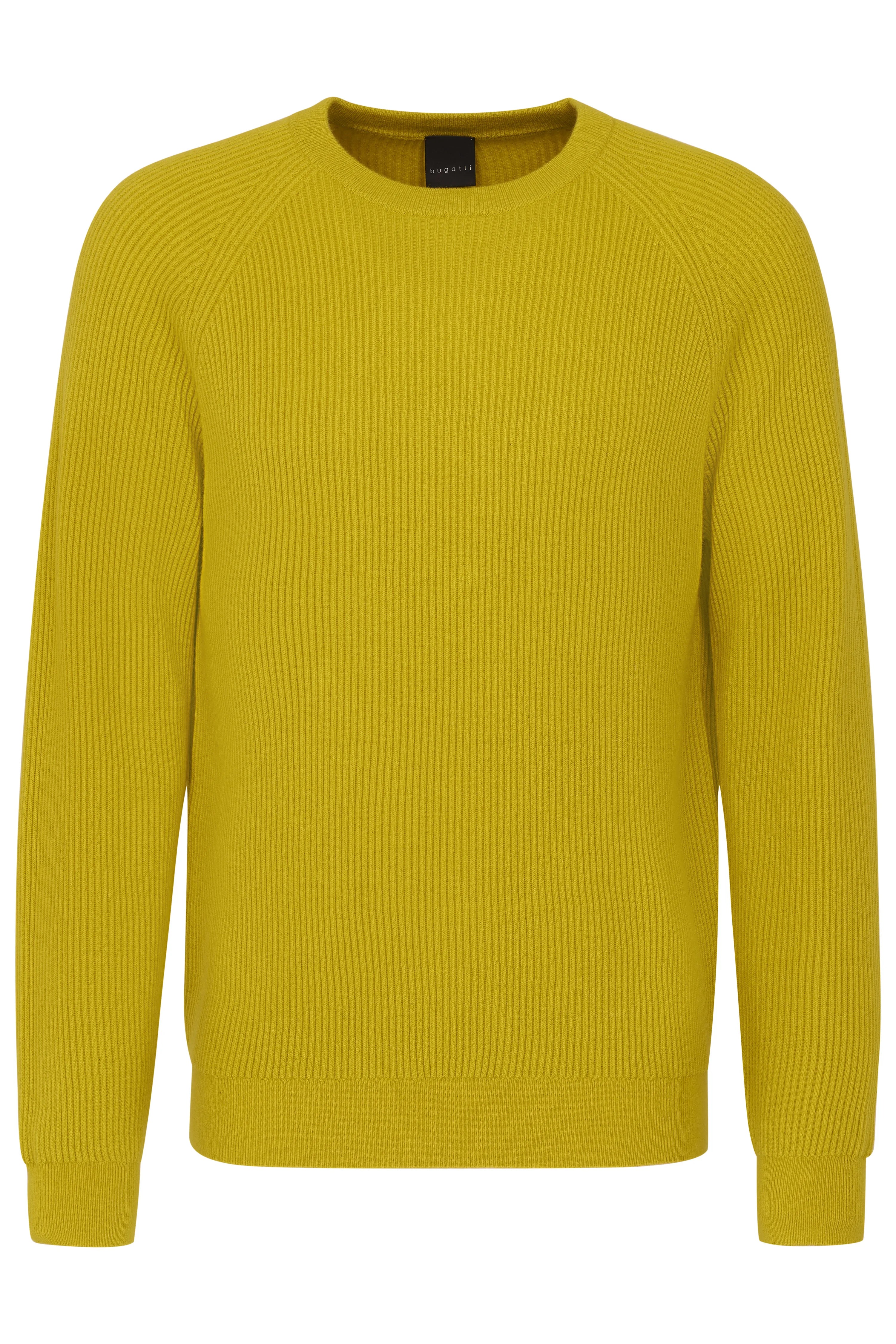 Yellow bugatti sweater, ribbed design, bust shot.
