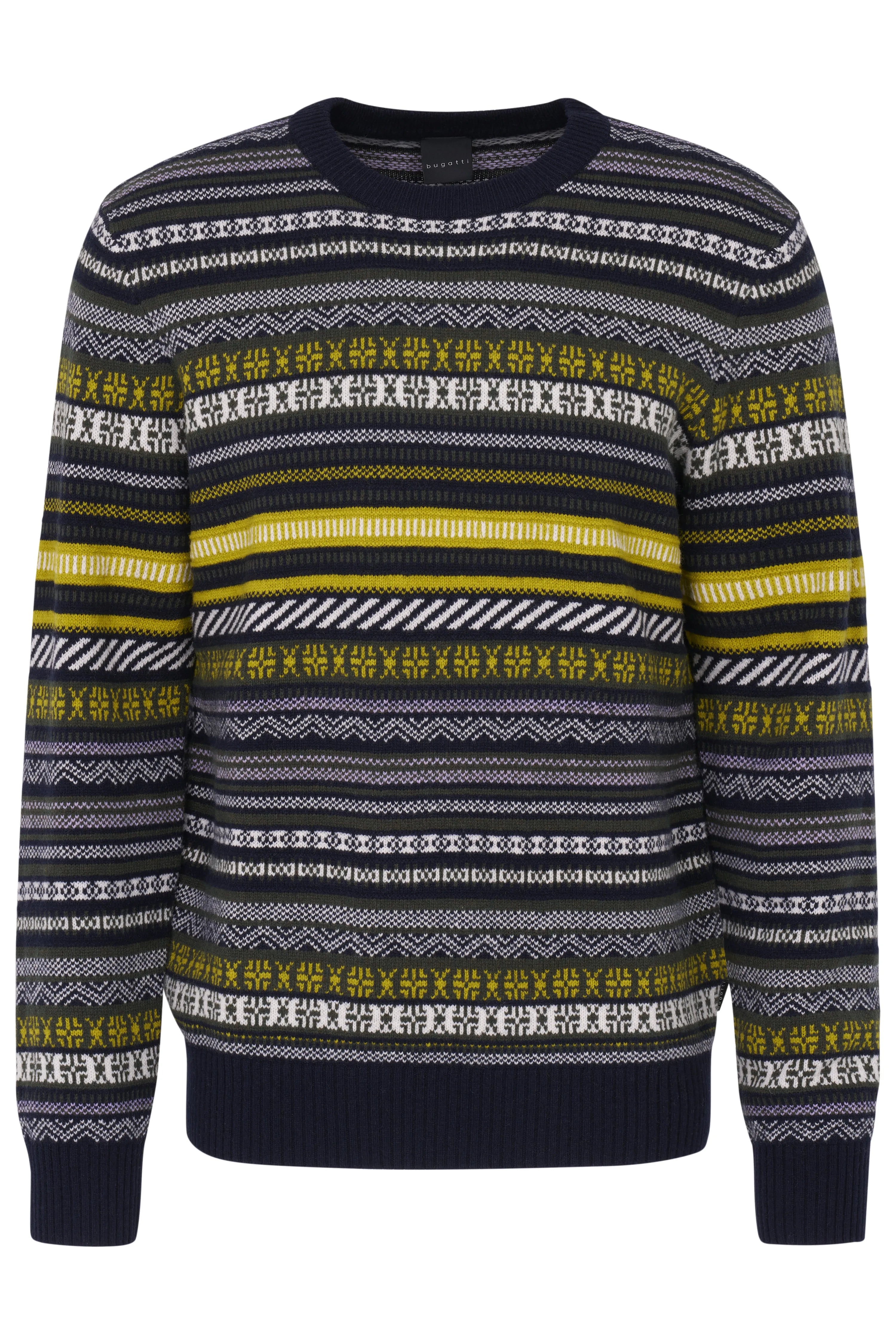 Pullover mit gelb-blauem Muster von bugatti, Büstenbild, stilvoll und hochwertig.