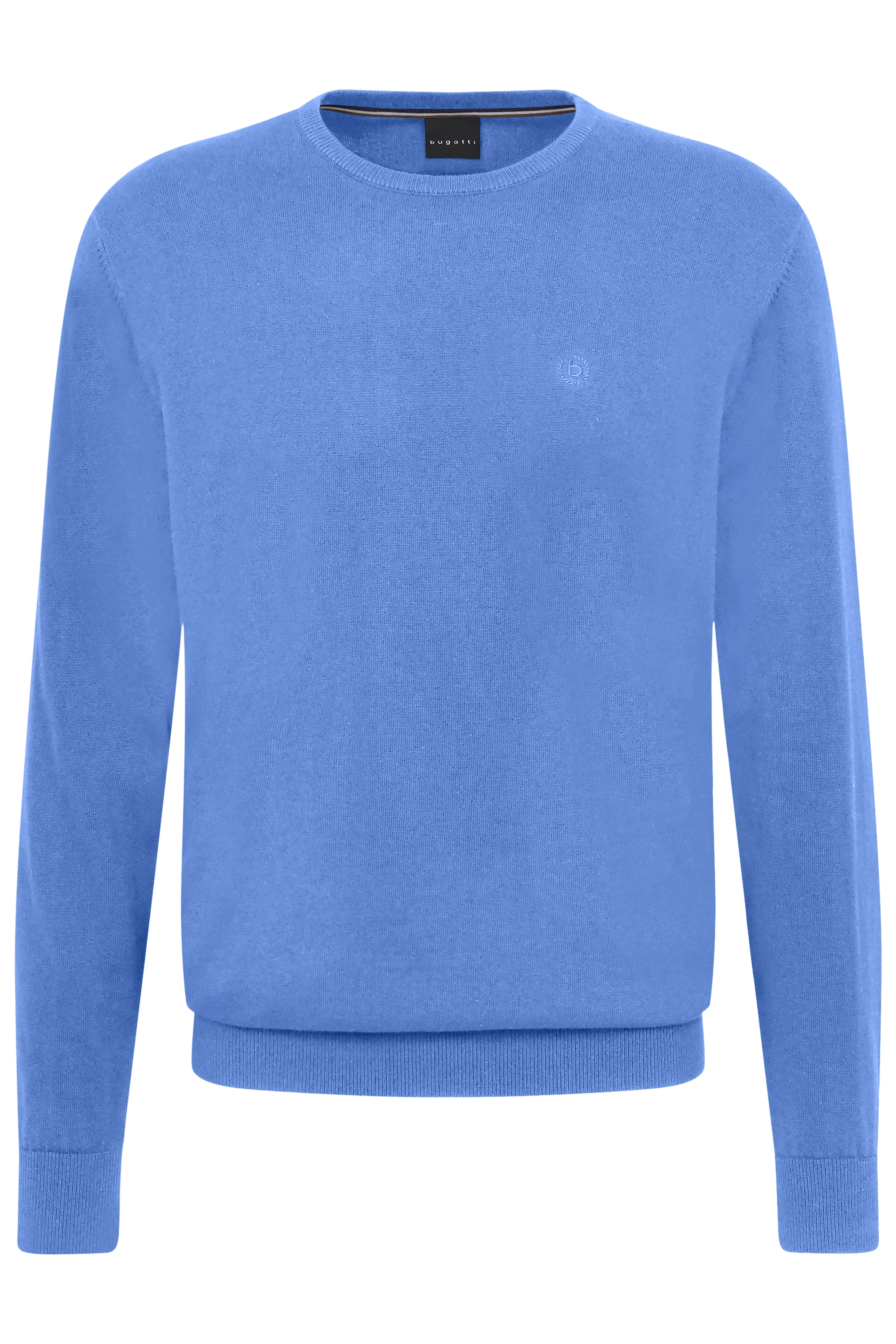 bugatti blauer Pullover, Büstenbild, klassisches Design, hochwertige Materialien.