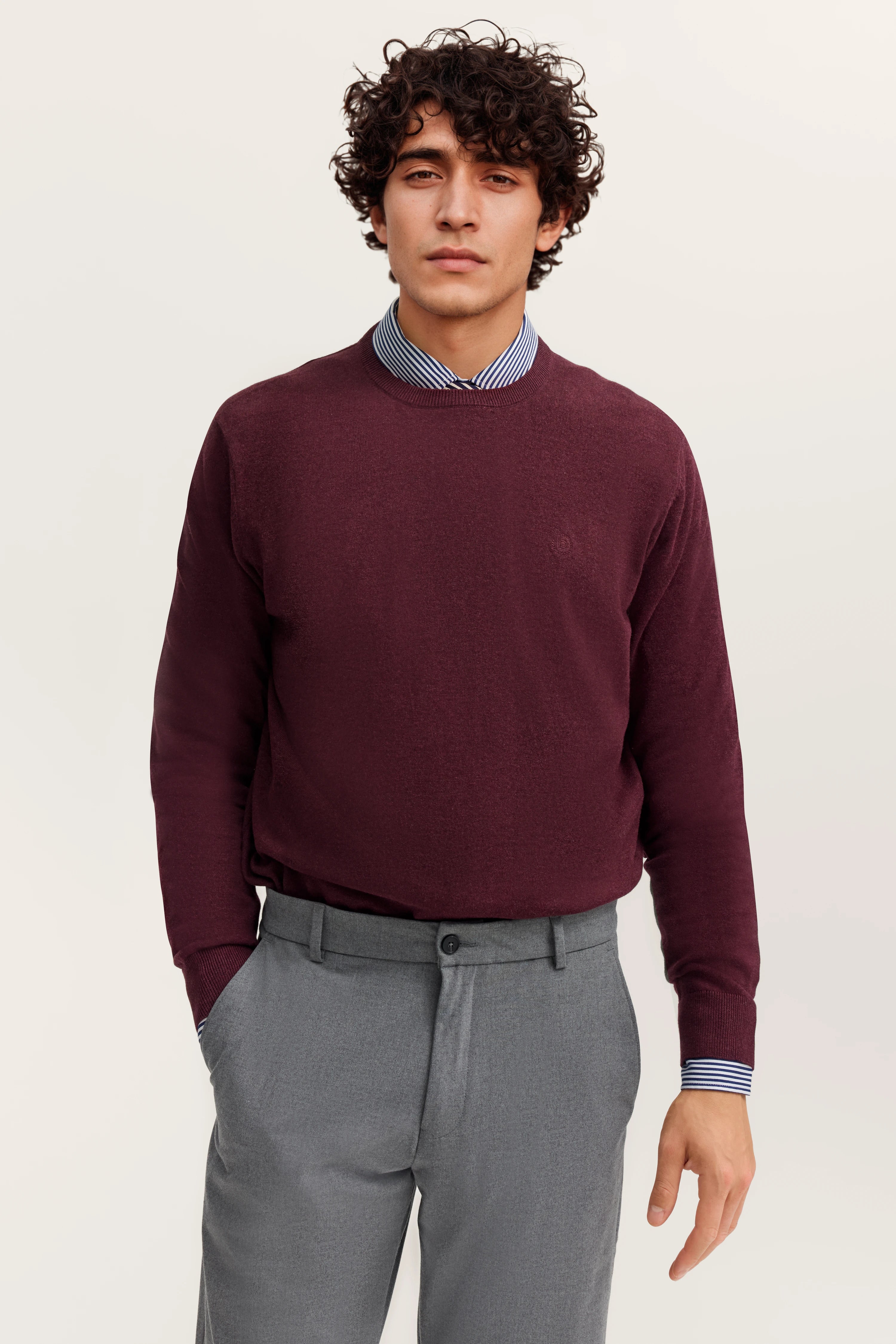 Modelbild: Mann in weinrotem Pullover, grauer Hose, blau-weiß gestreiftem Hemd. Entspanntes Posing.