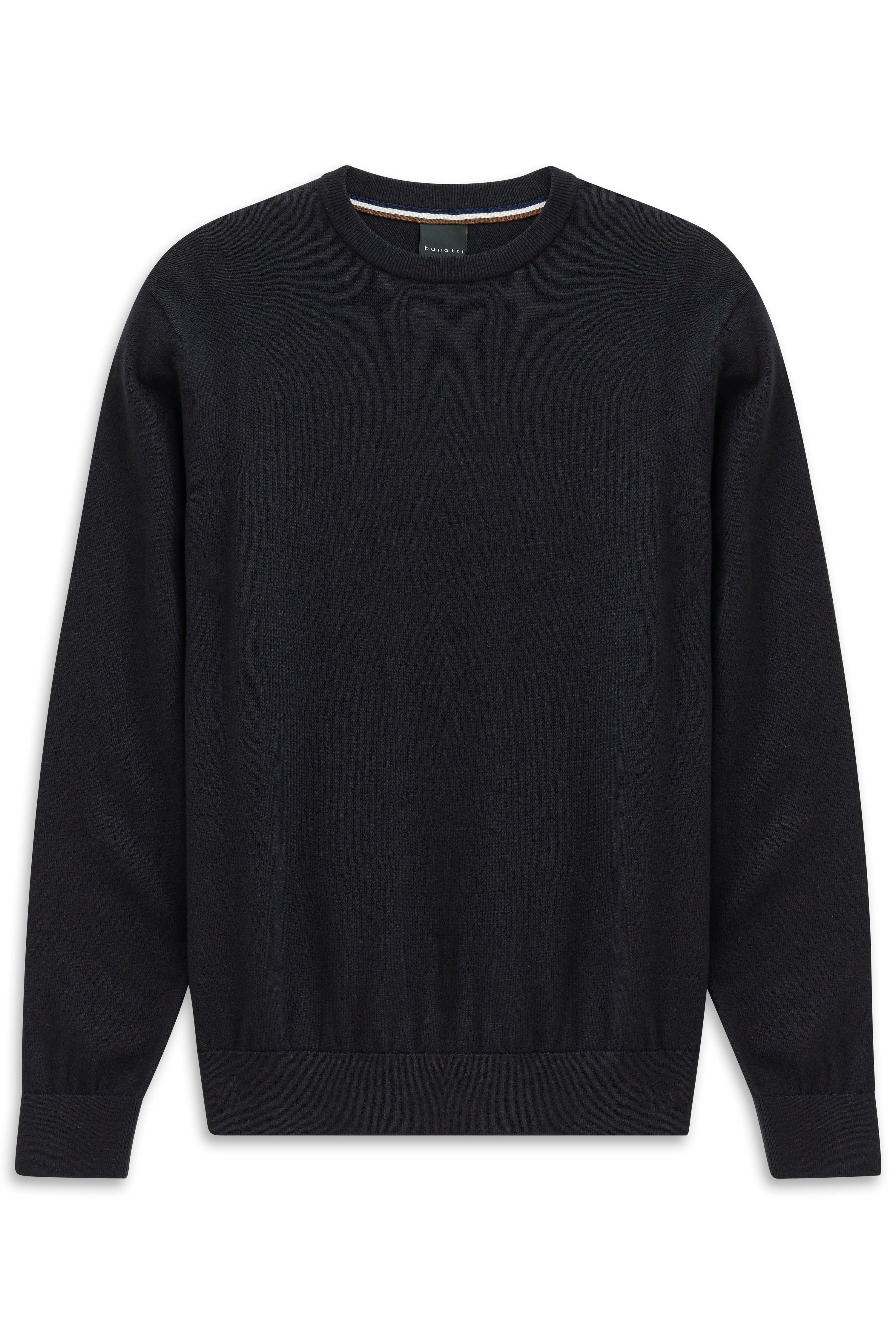 Schwarzer bugatti Pullover, schlichtes Design, Büstenbild.