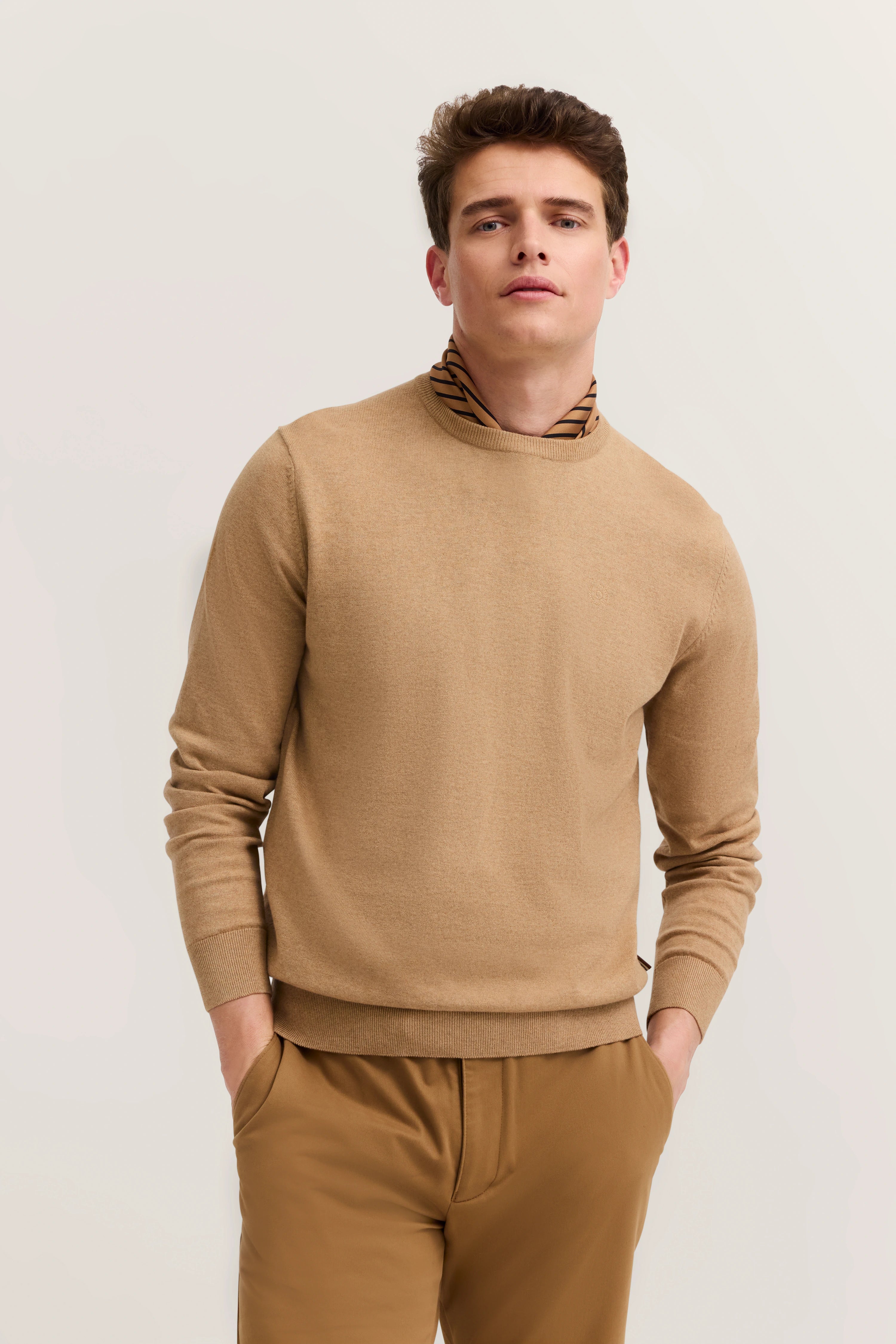 Model wearing beige sweater and pants, striped shirt, relaxed pose.