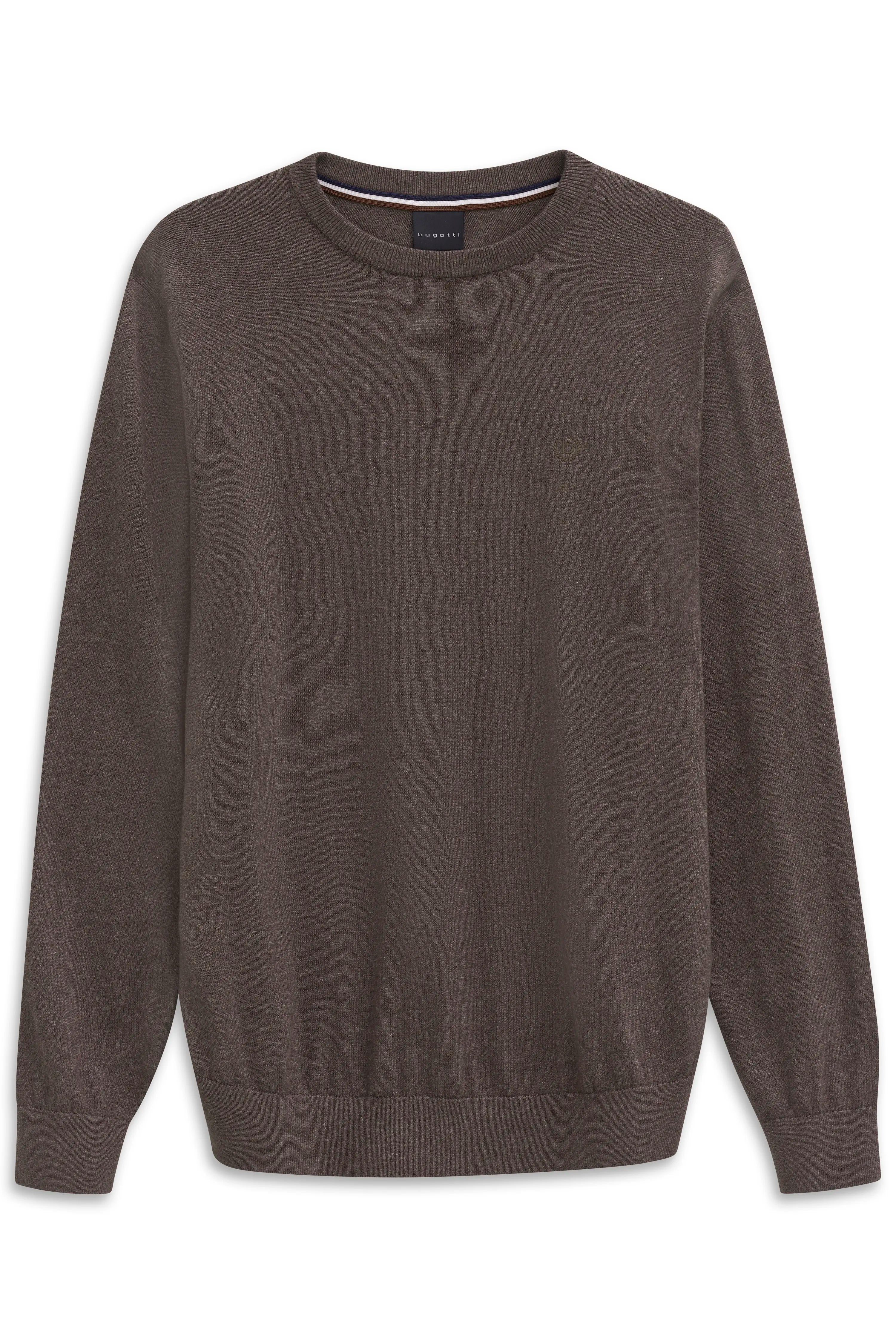 Dunkelbrauner bugatti Pullover, Büstenbild, klassisches Design, hochwertig und stilvoll.