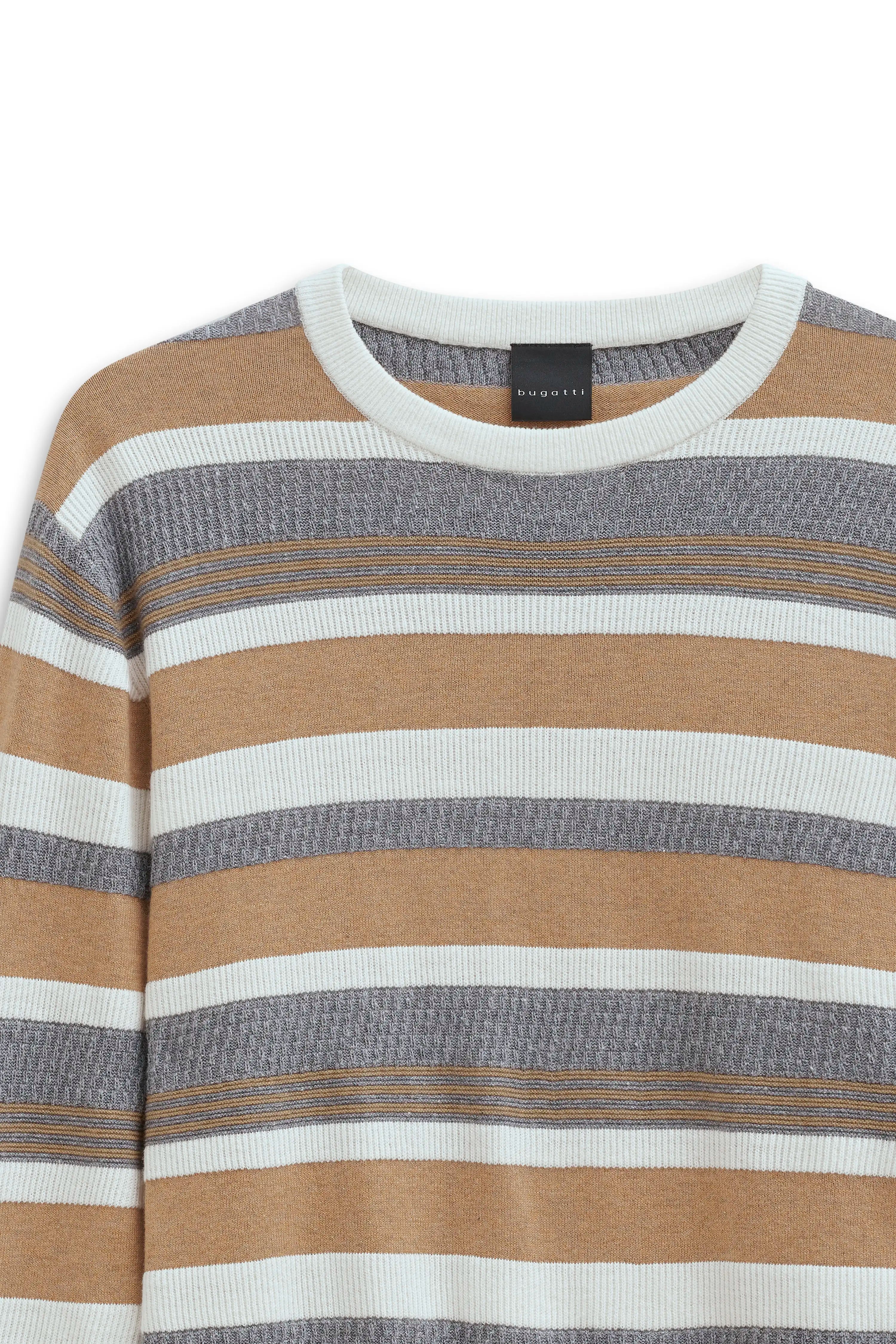 Male model in striped sweater, beige, blue, white, back view, casual posing, bugatti style.