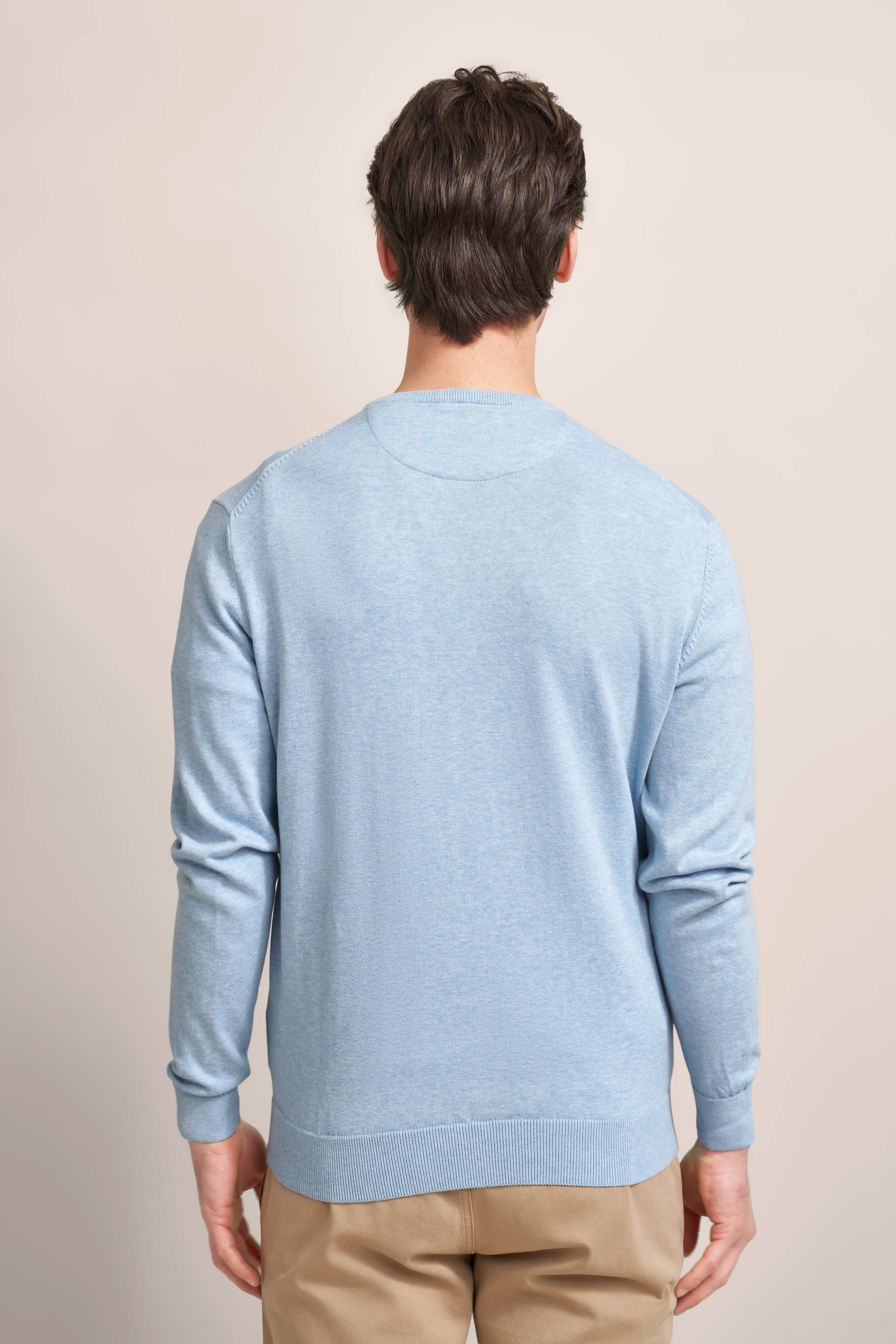 Rückenansicht eines Modells in hellblauem Pullover und beigen Hosen, legeres Posing.