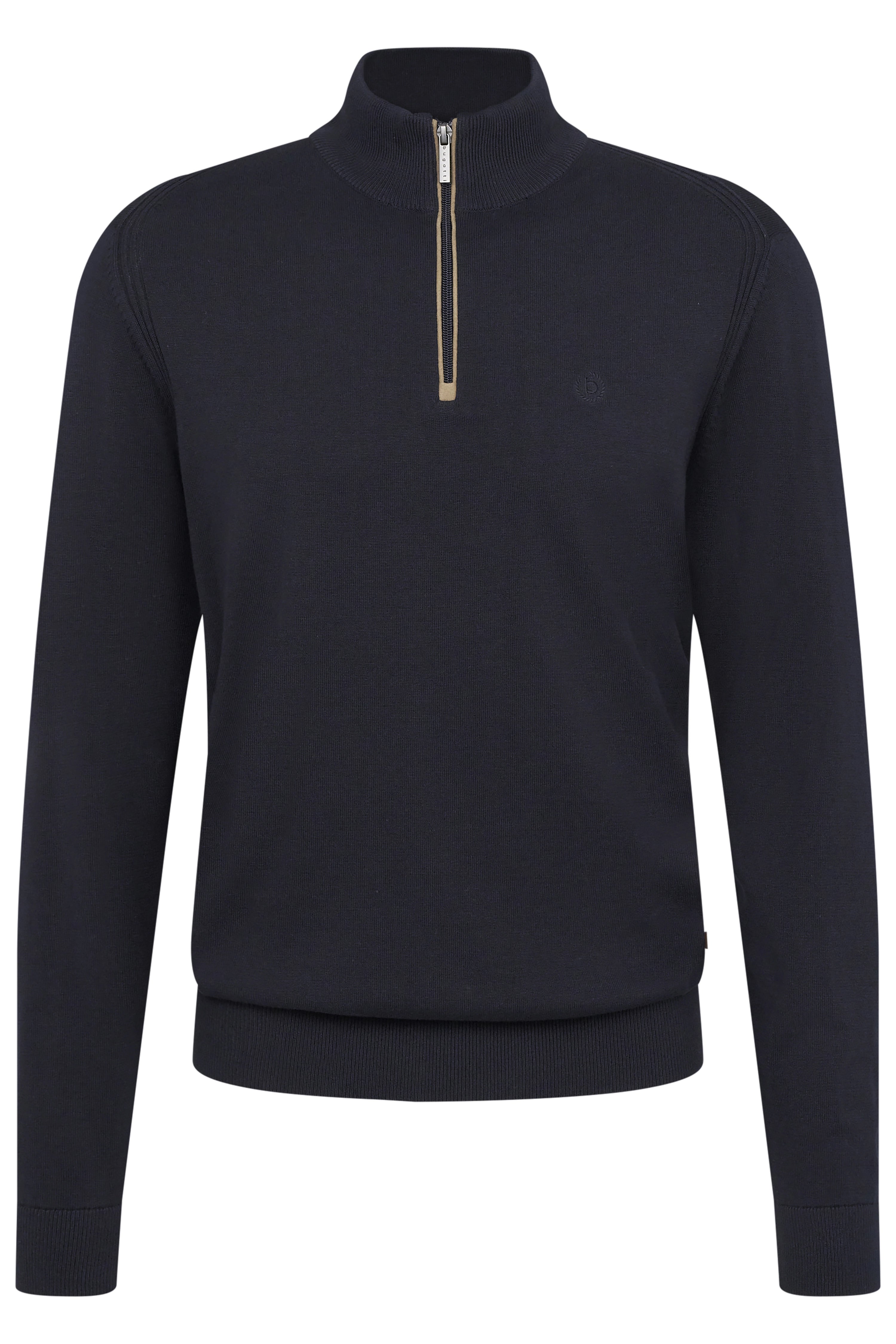 Dunkelblauer bugatti Pullover mit Reißverschlusskragen, Büstenbild.