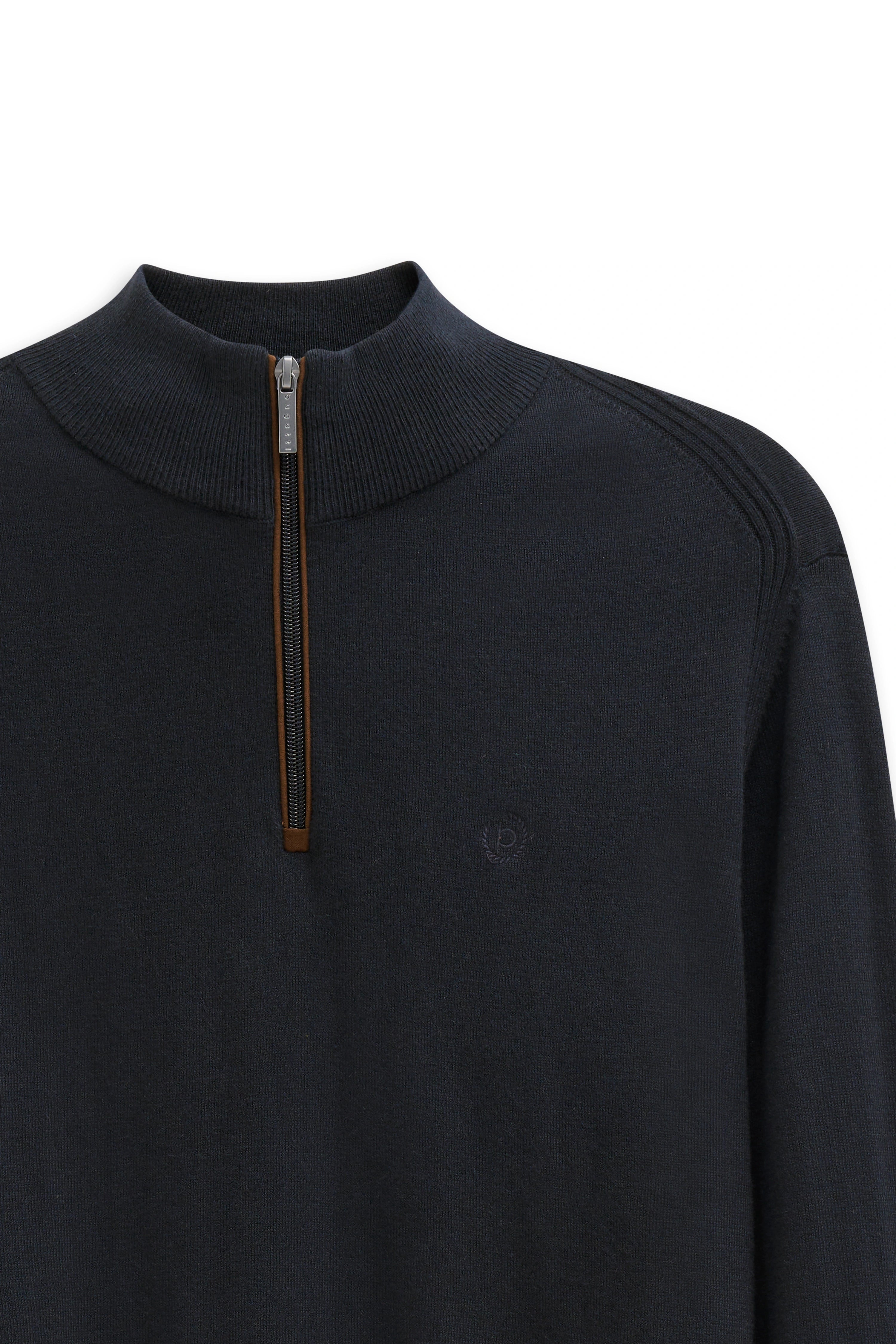 Dark blue bugatti sweater with stand-up collar and zipper detail, bust image.