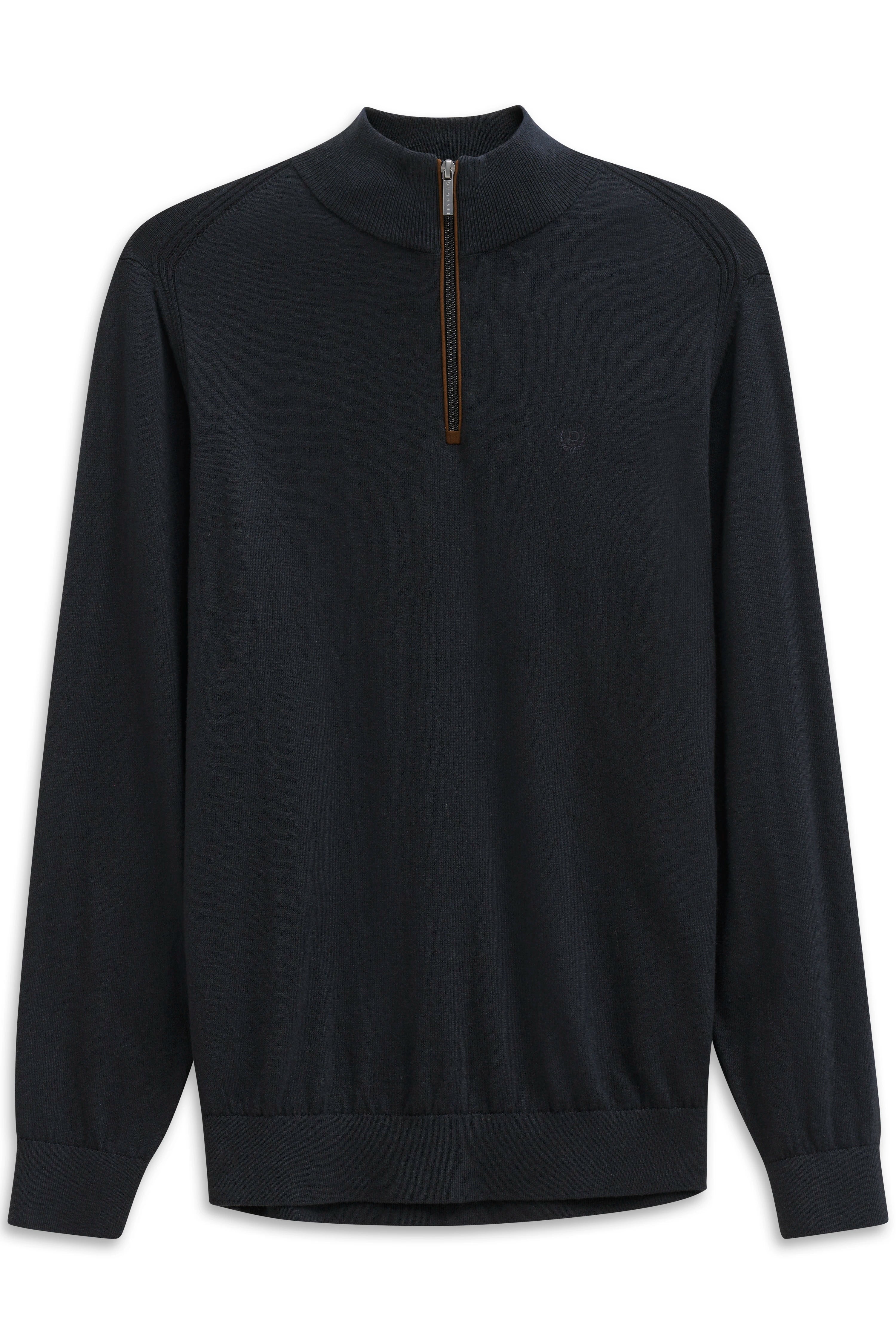 bugatti black pullover, bust shot, zipper, stand-up collar, simple design.