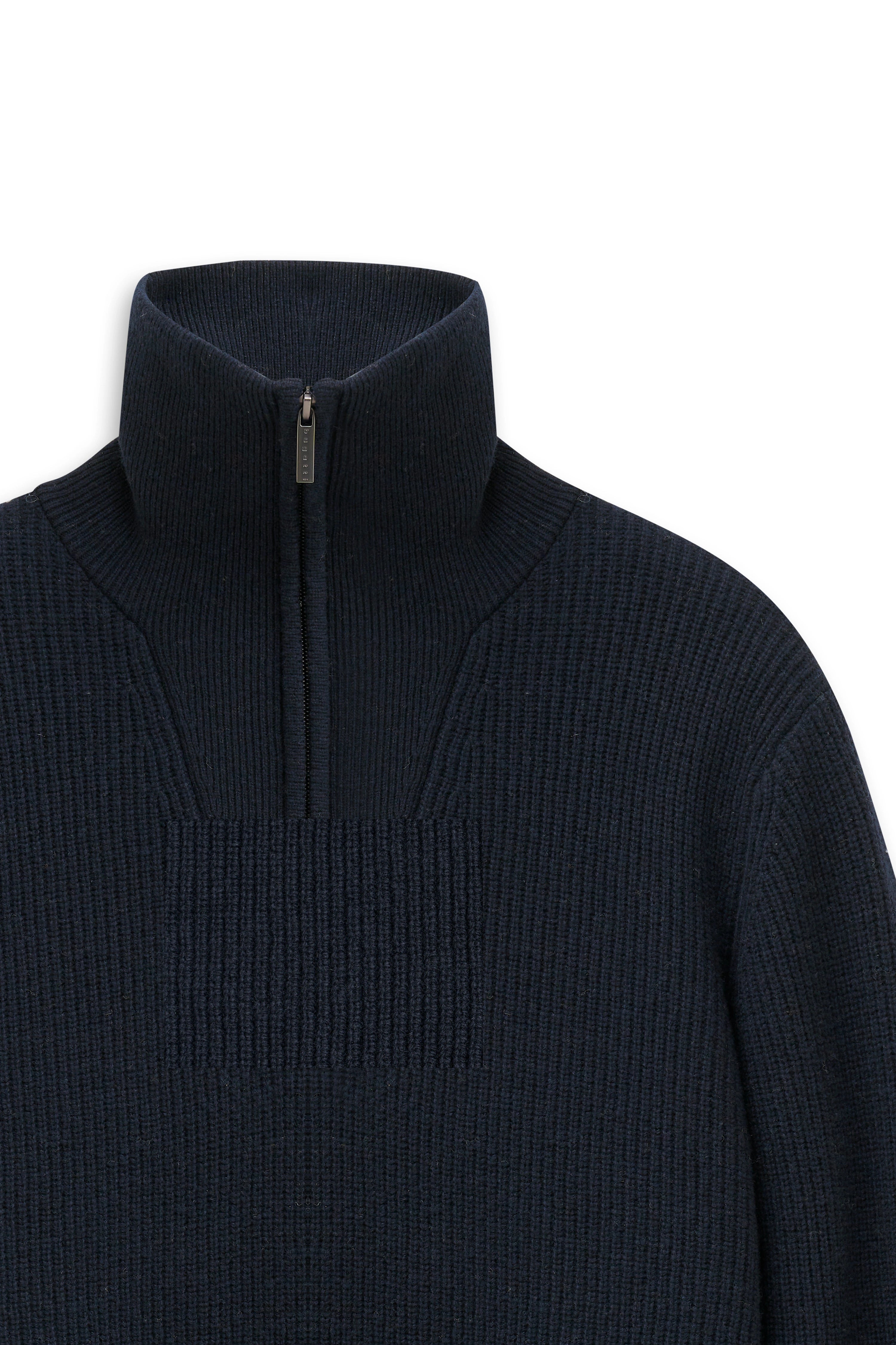 Dark blue bugatti zip-up knit sweater, ribbed design, detail view.