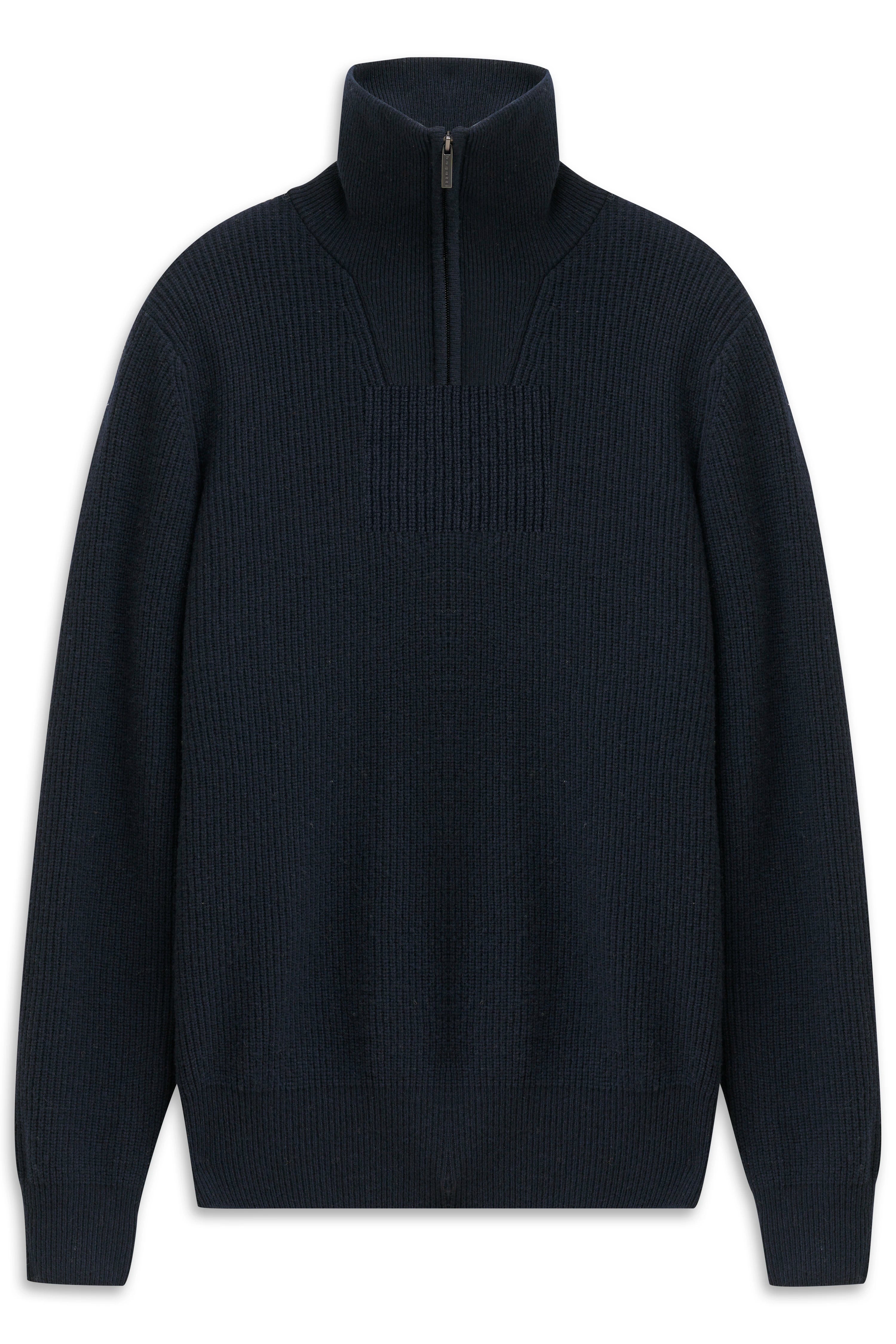 Navy bugatti pullover with stand-up collar, ribbed design. Bust view.