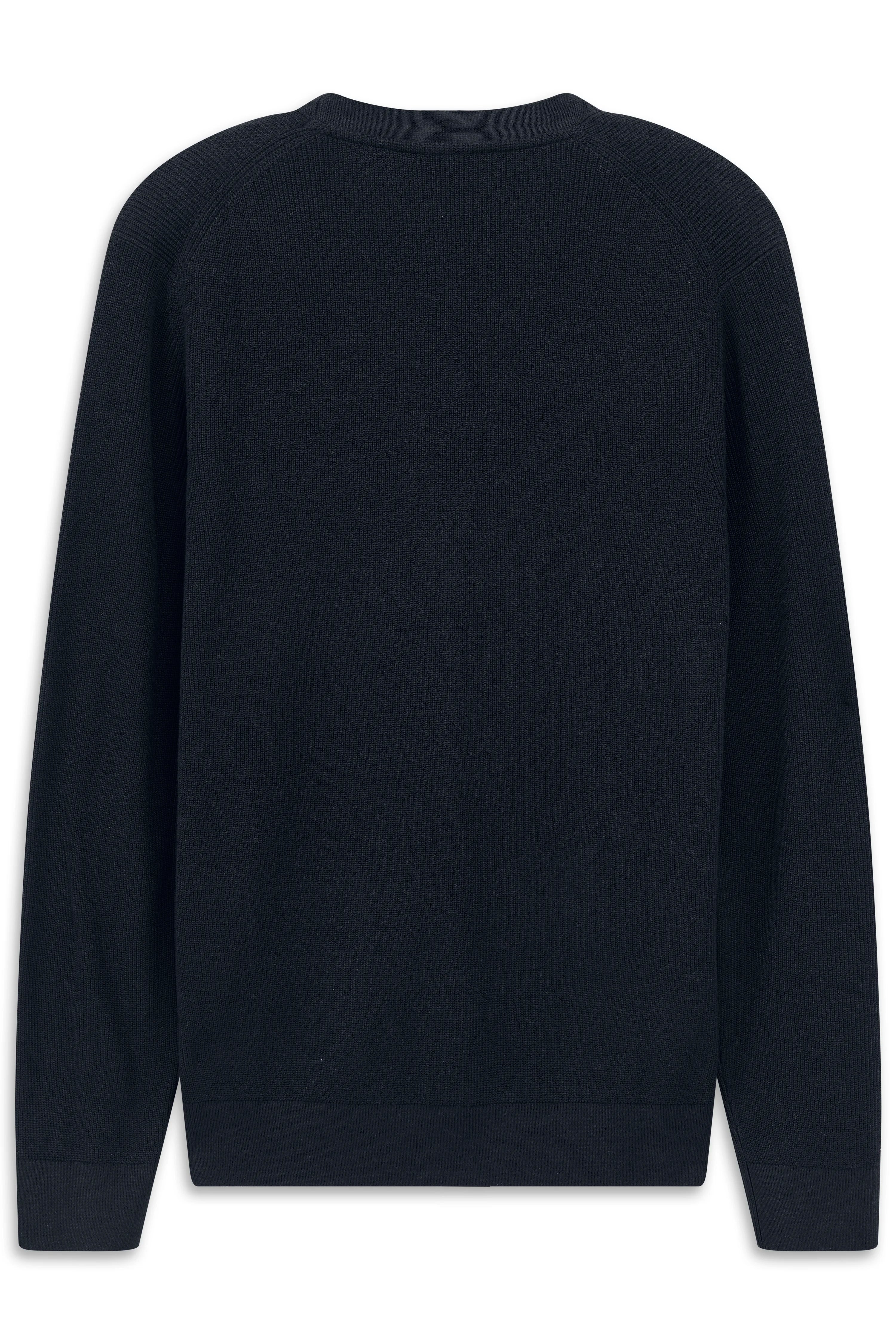 Schwarzer bugatti Pullover, Rückansicht, legerer Stil, hochwertiges Material, zeitlose Eleganz.