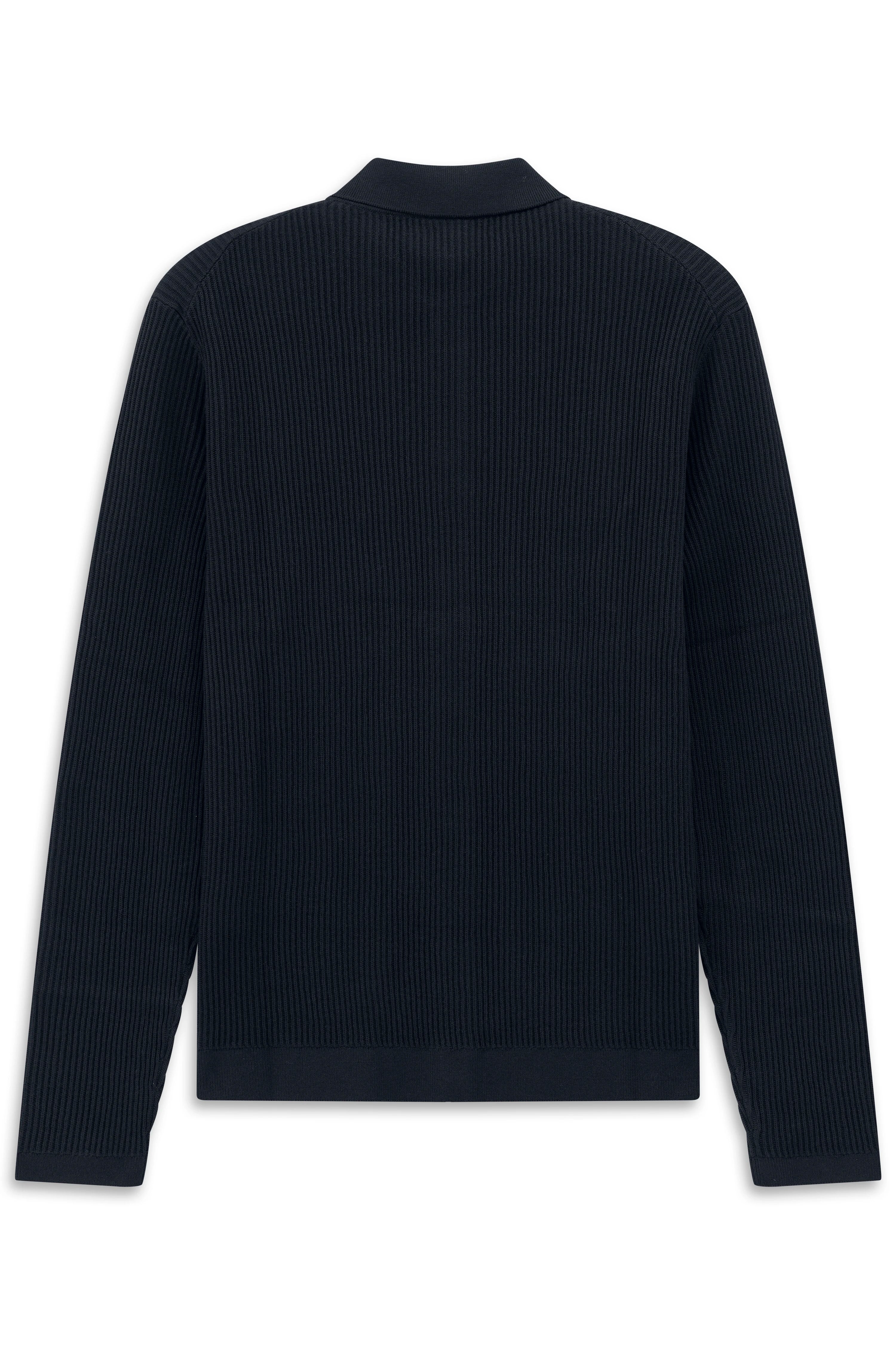 Dunkelblauer bugatti Pullover, Rückansicht, geripptes Design, kein Muster, legeres Büstenbild.