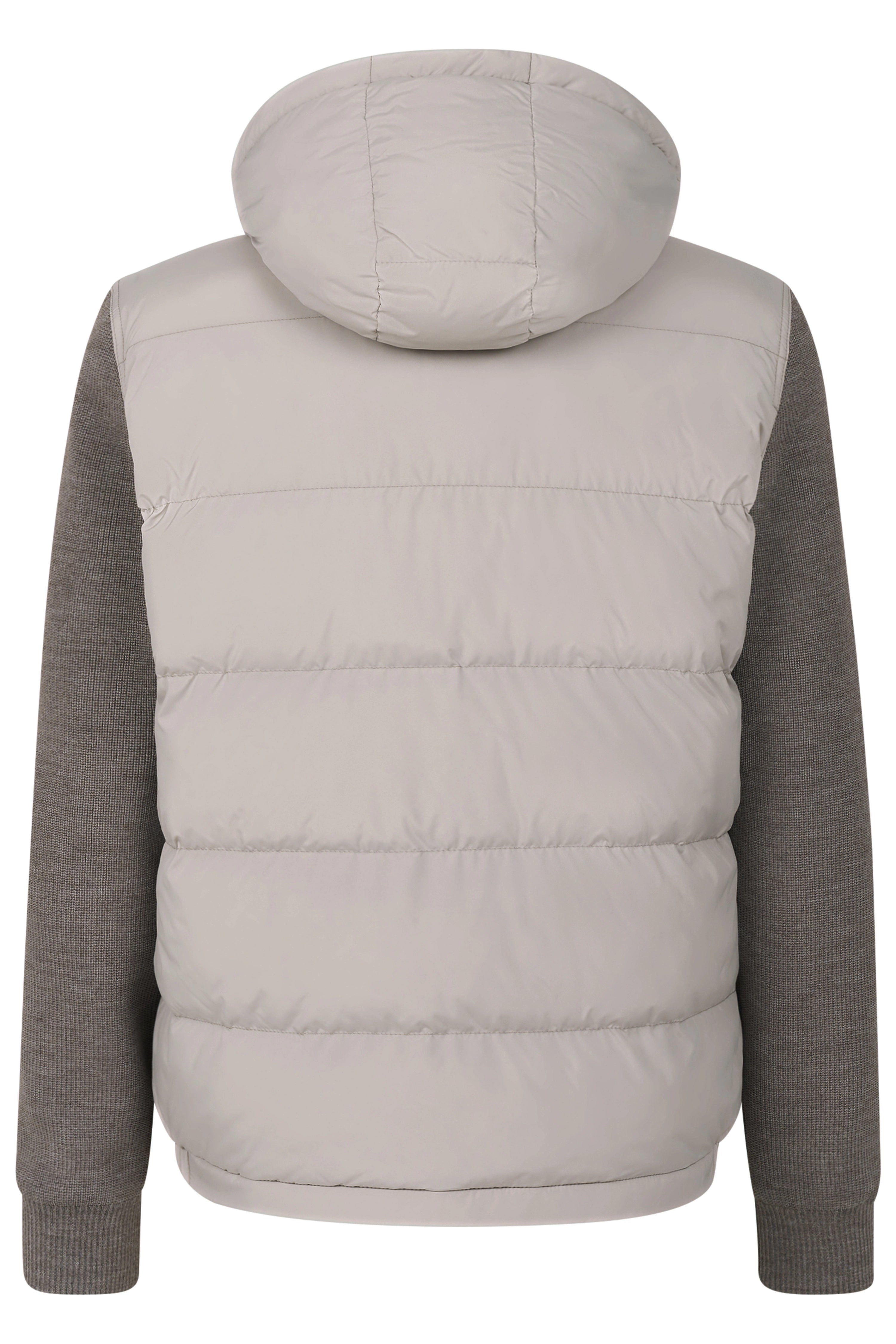 Gray bugatti quilted jacket with hood and knit sleeves, casual back view.