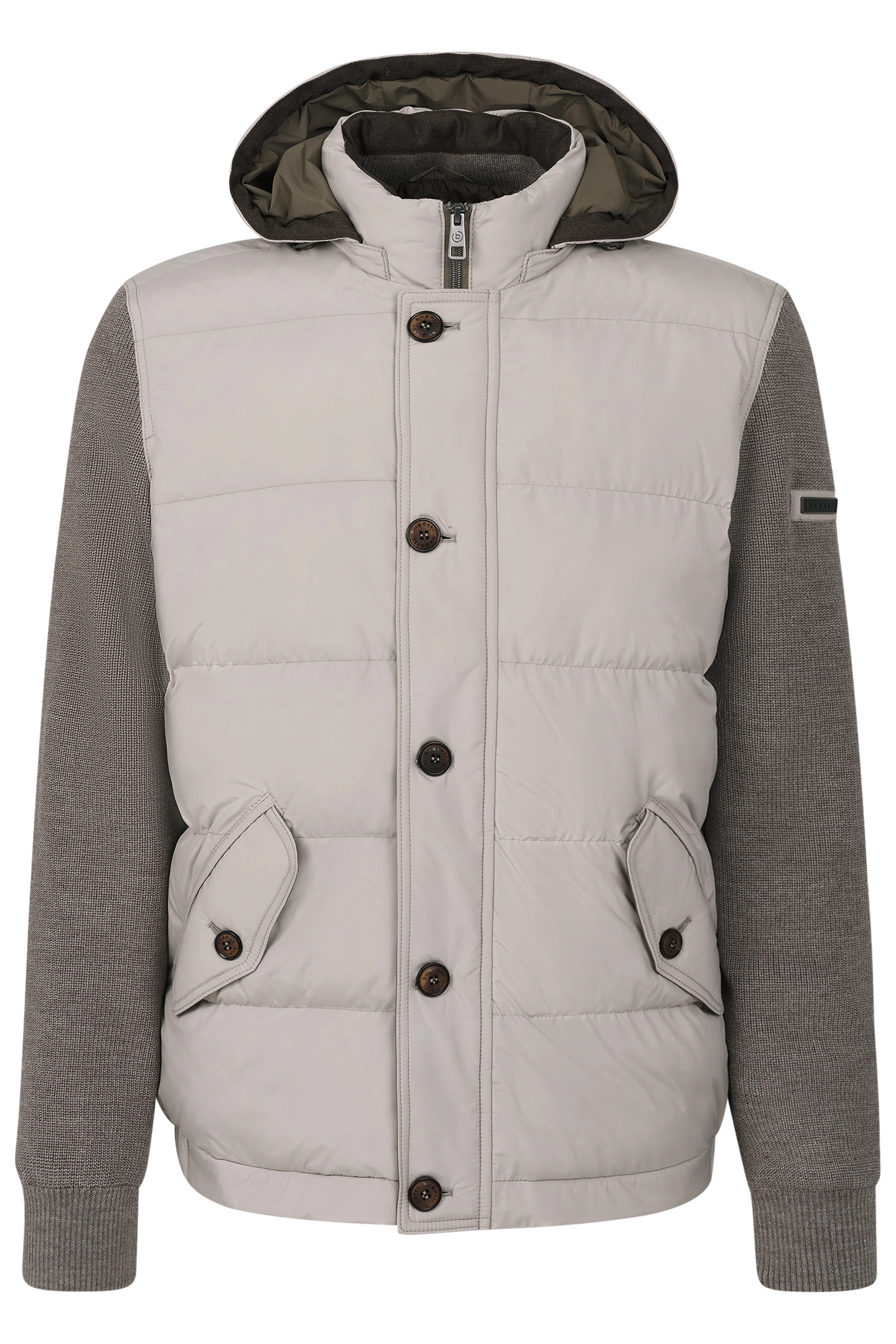 bugatti men's beige jacket with gray sleeves, hood, and buttons, bust view.