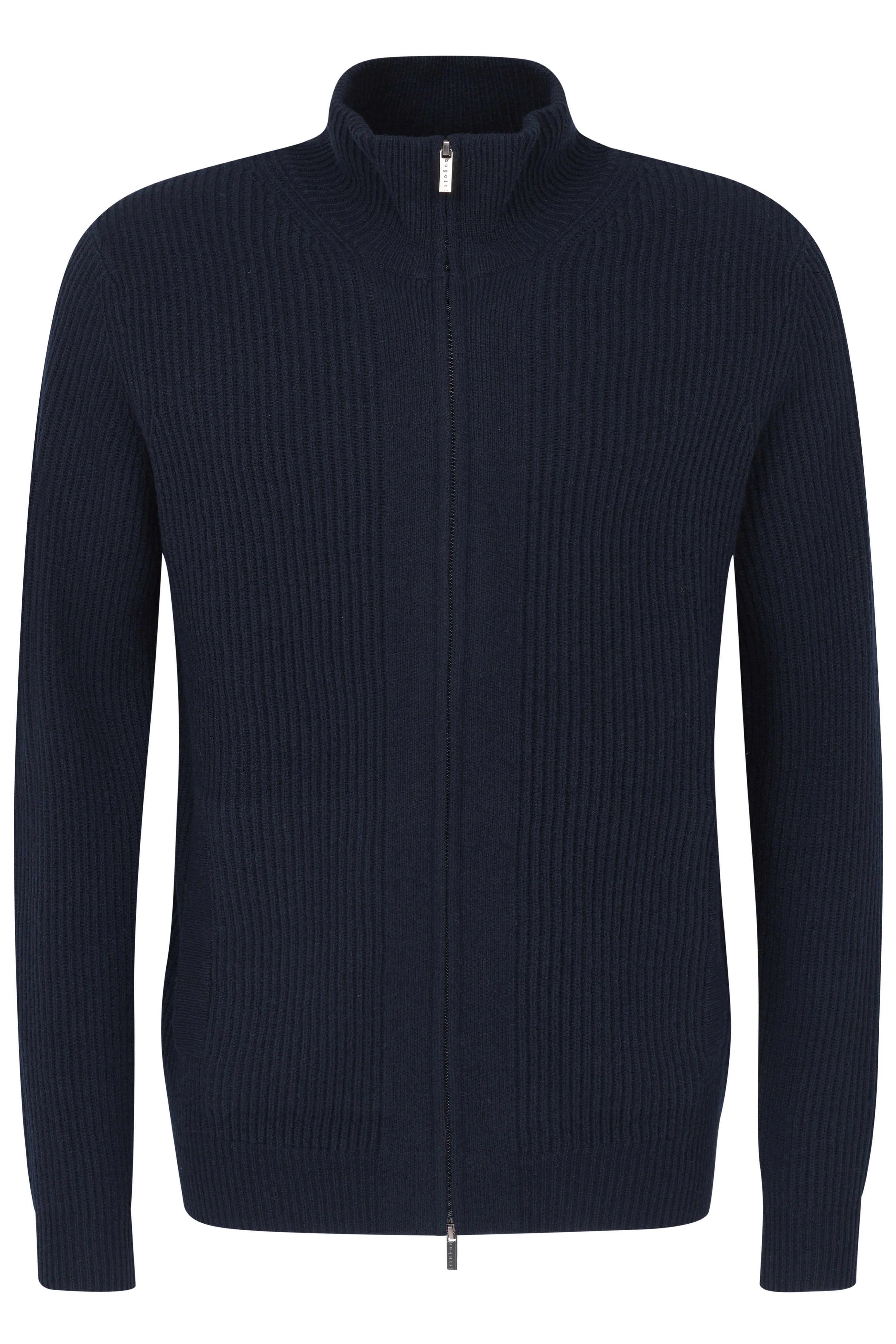 Dunkelblauer bugatti Strickjacke mit Reißverschluss, Büstenbild, zeitloses Design.