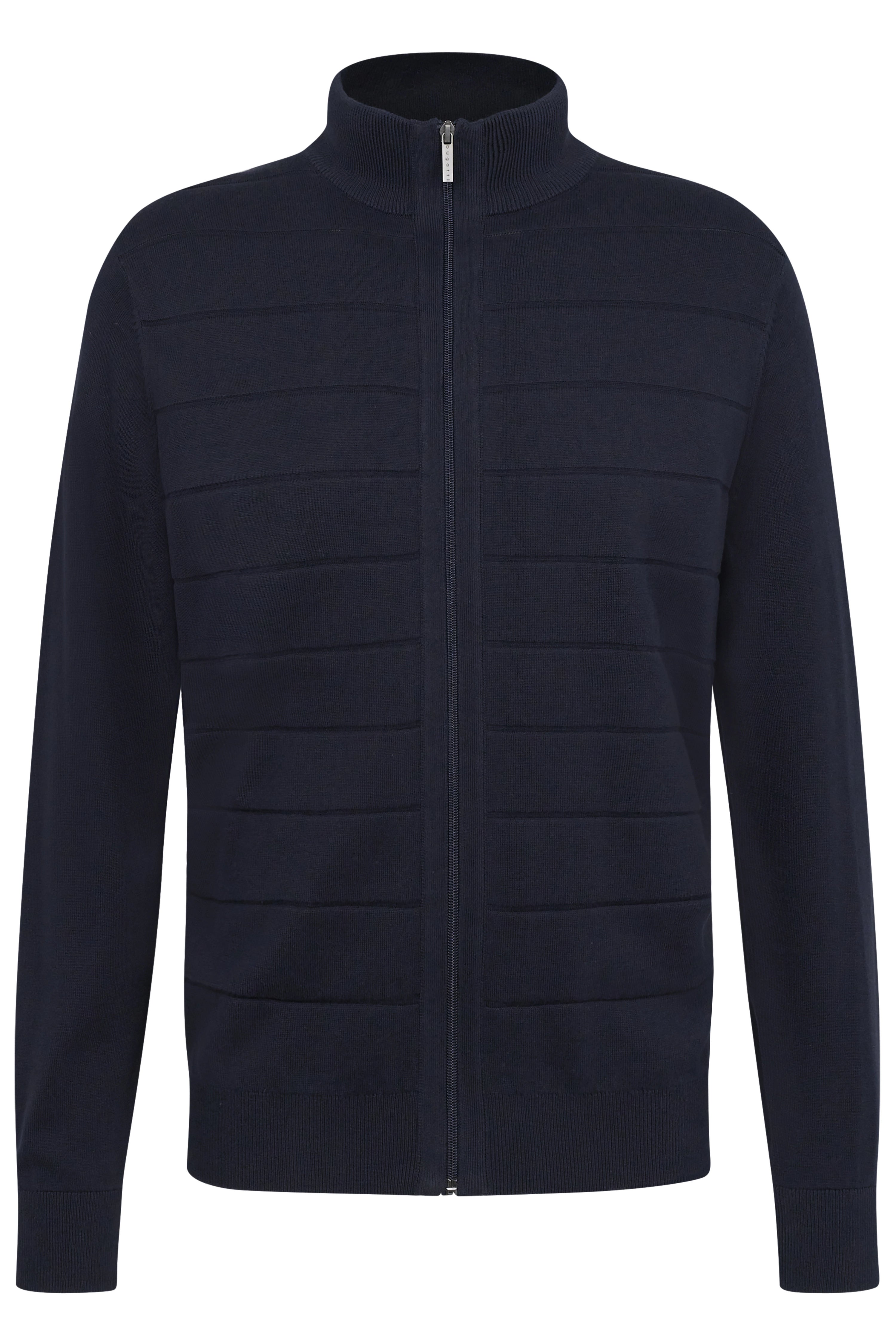 Dunkelblauer bugatti-Strickjacke, Zipper, Büstenbild, zeitlos und stilvoll.