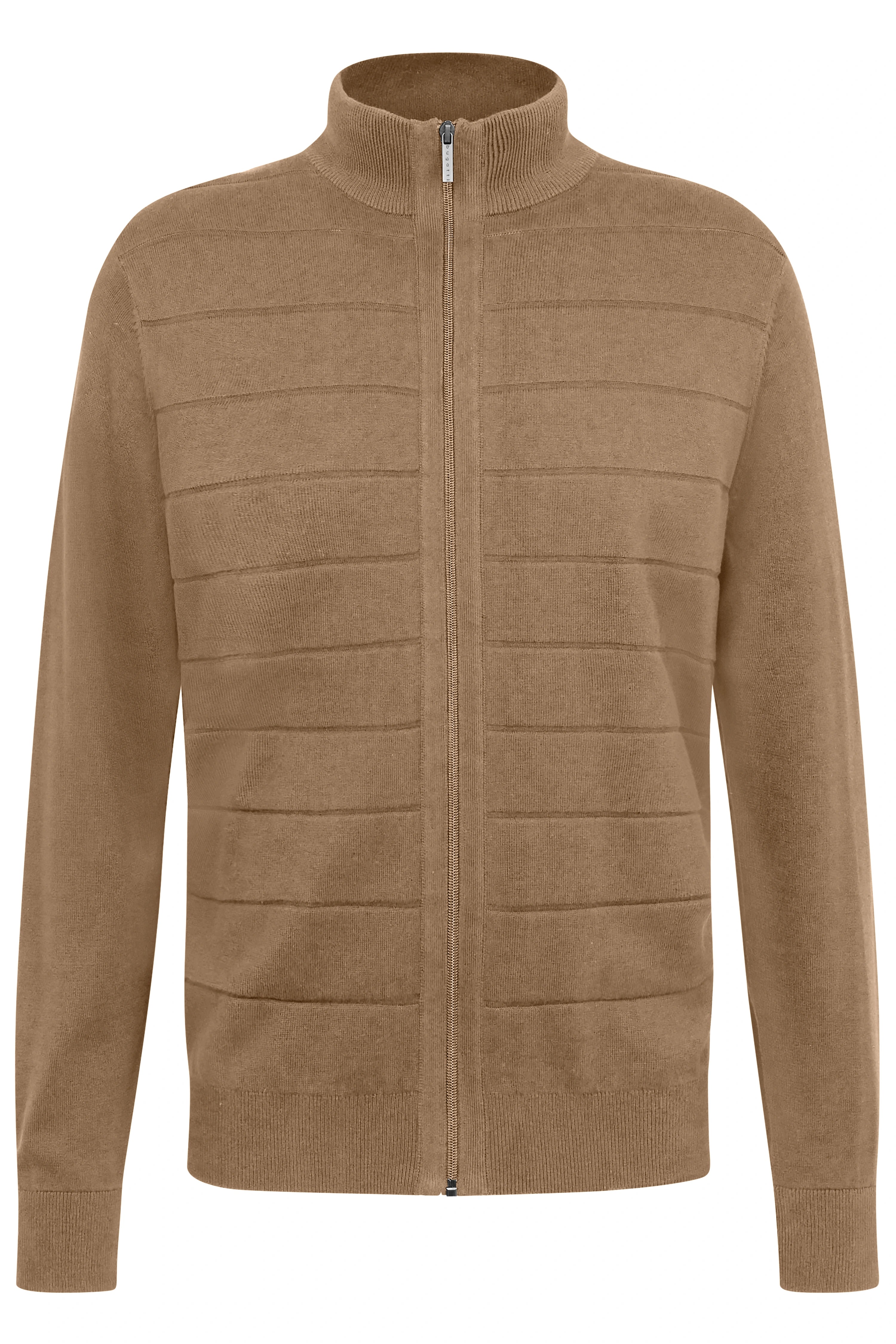Beiger bugatti Cardigan mit Stehkragen und Reißverschluss, Büstenbild.