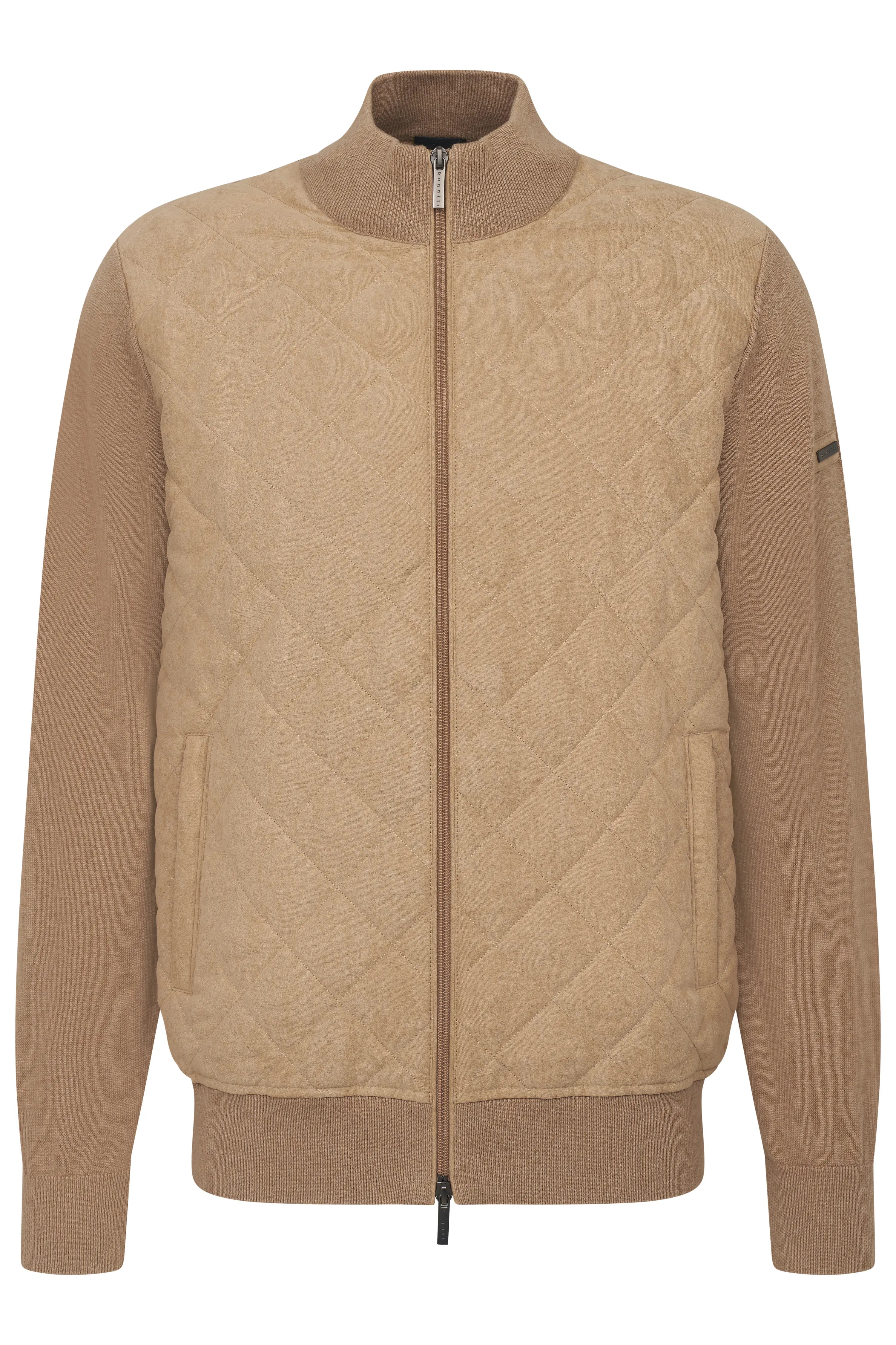Beige Steppjacke von bugatti, Büstenbild, Rippstrick an Kragen und Ärmeln, zeitloser Stil.