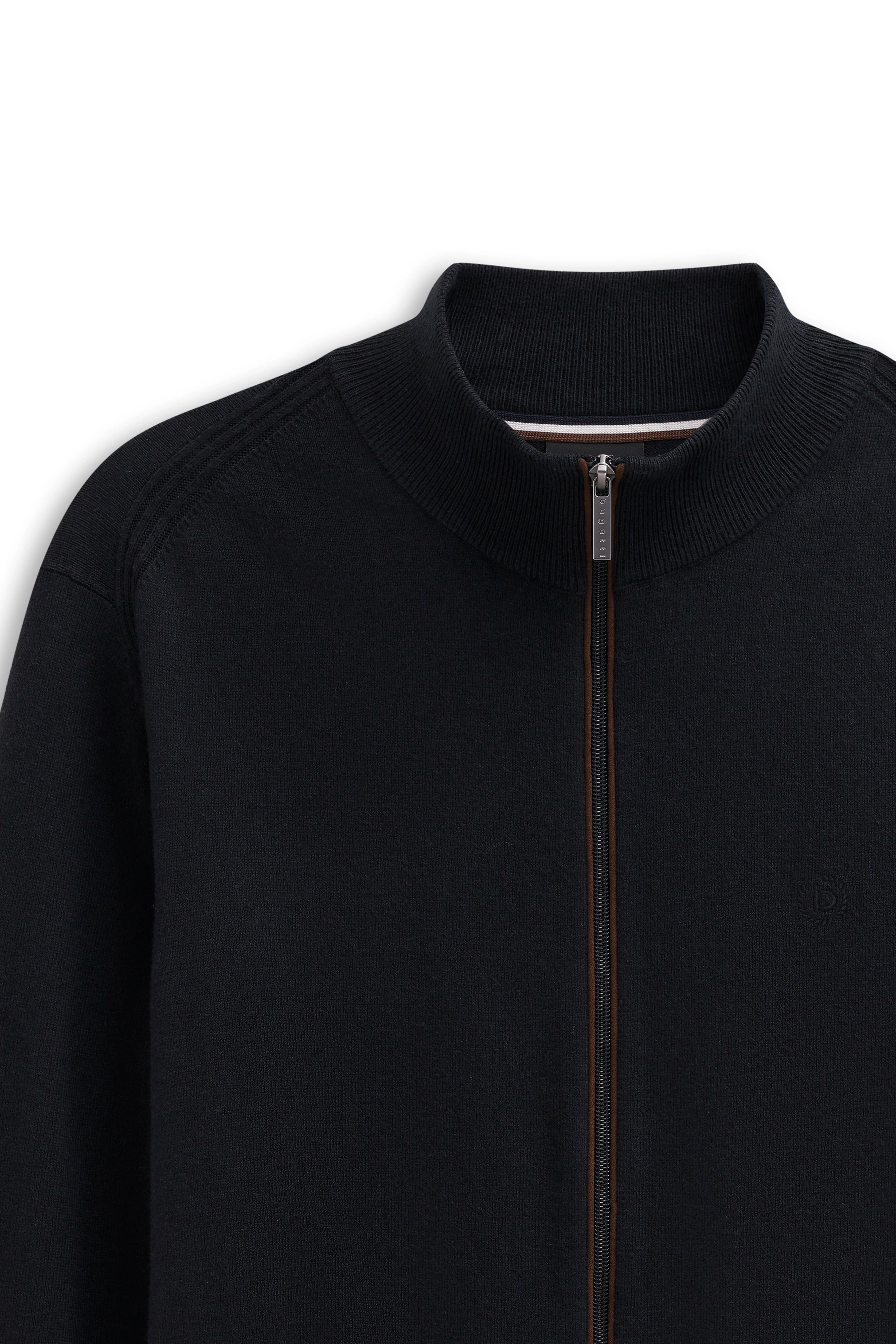 Black bugatti cardigan, zipper detail, bust view.
