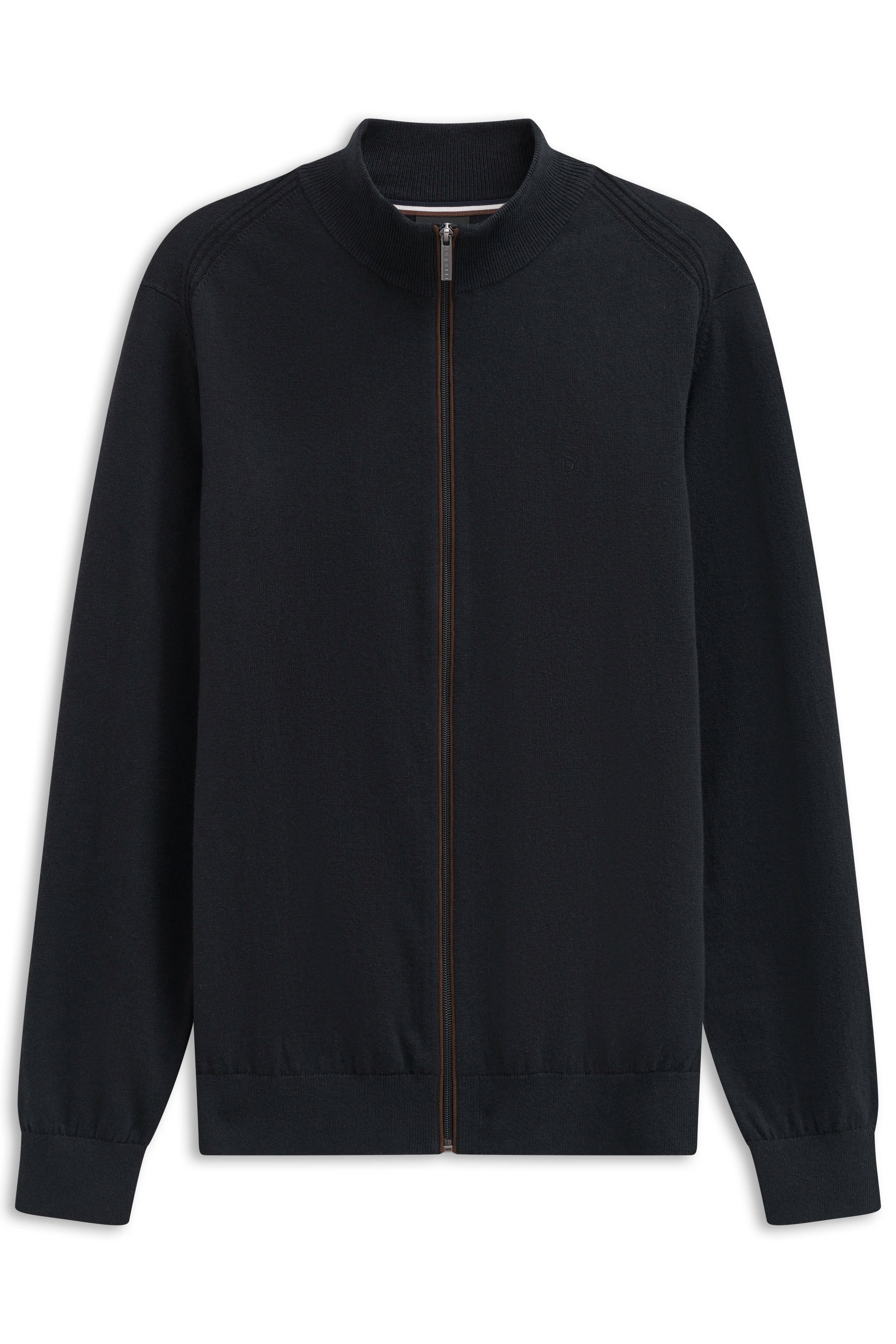 Black bugatti jacket with zipper, bust view, simple design.