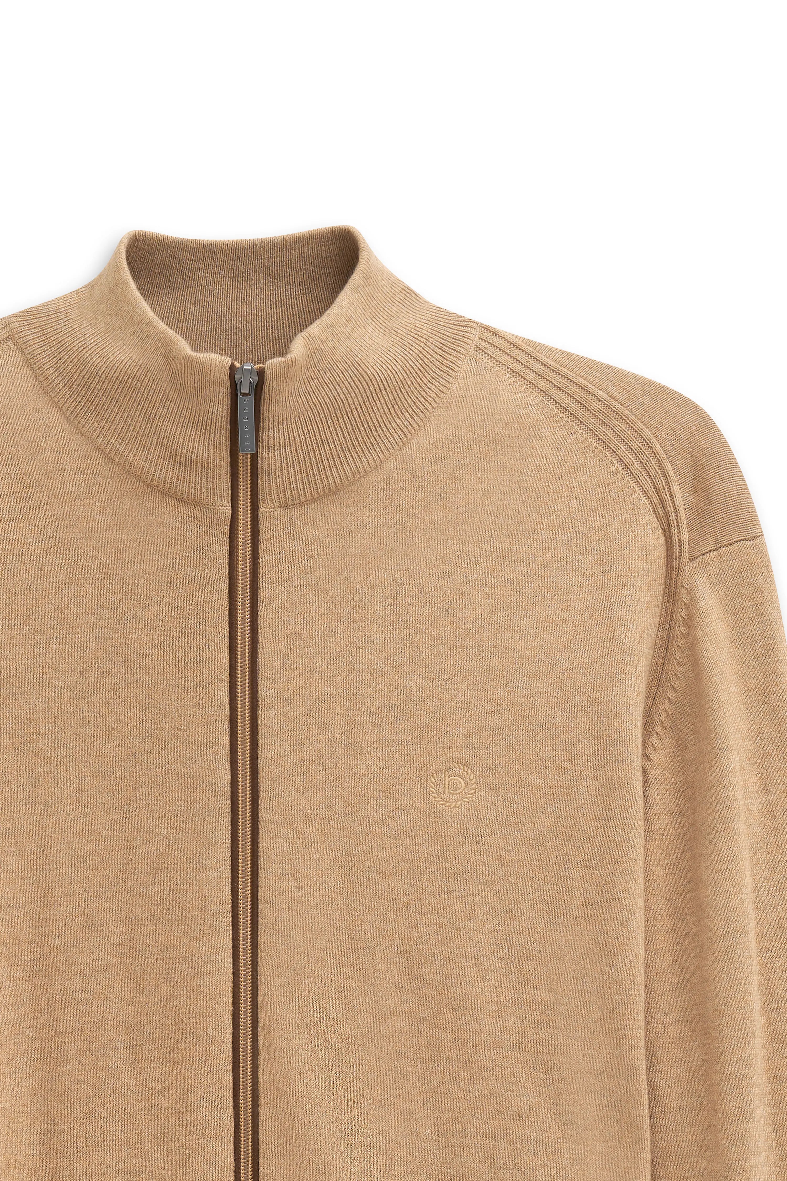 Beige bugatti knit jacket with stand-up collar and zipper, bust view, stylish and classic.