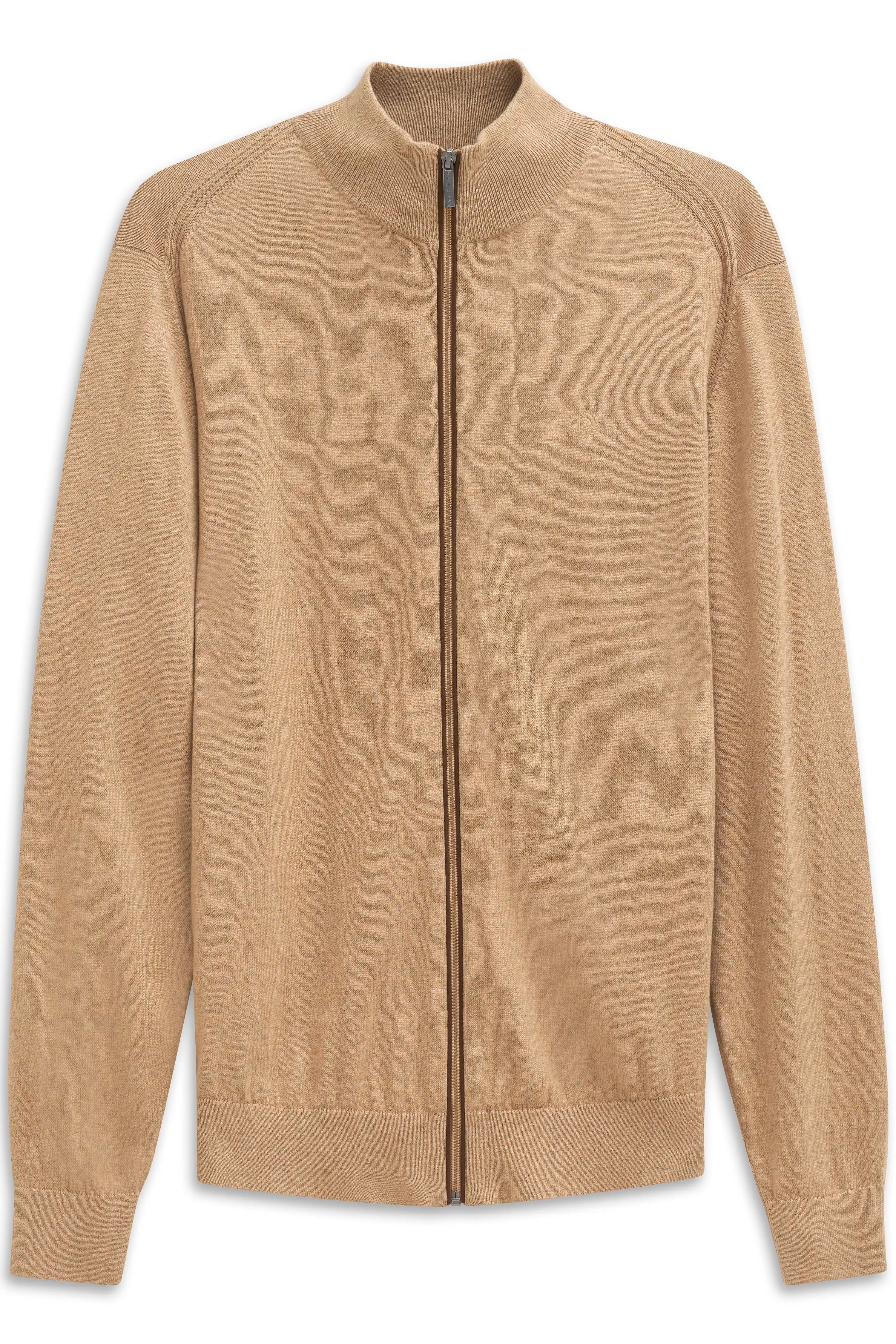 Beige bugatti zip-up cardigan, bust view, minimalist design, timeless elegance.