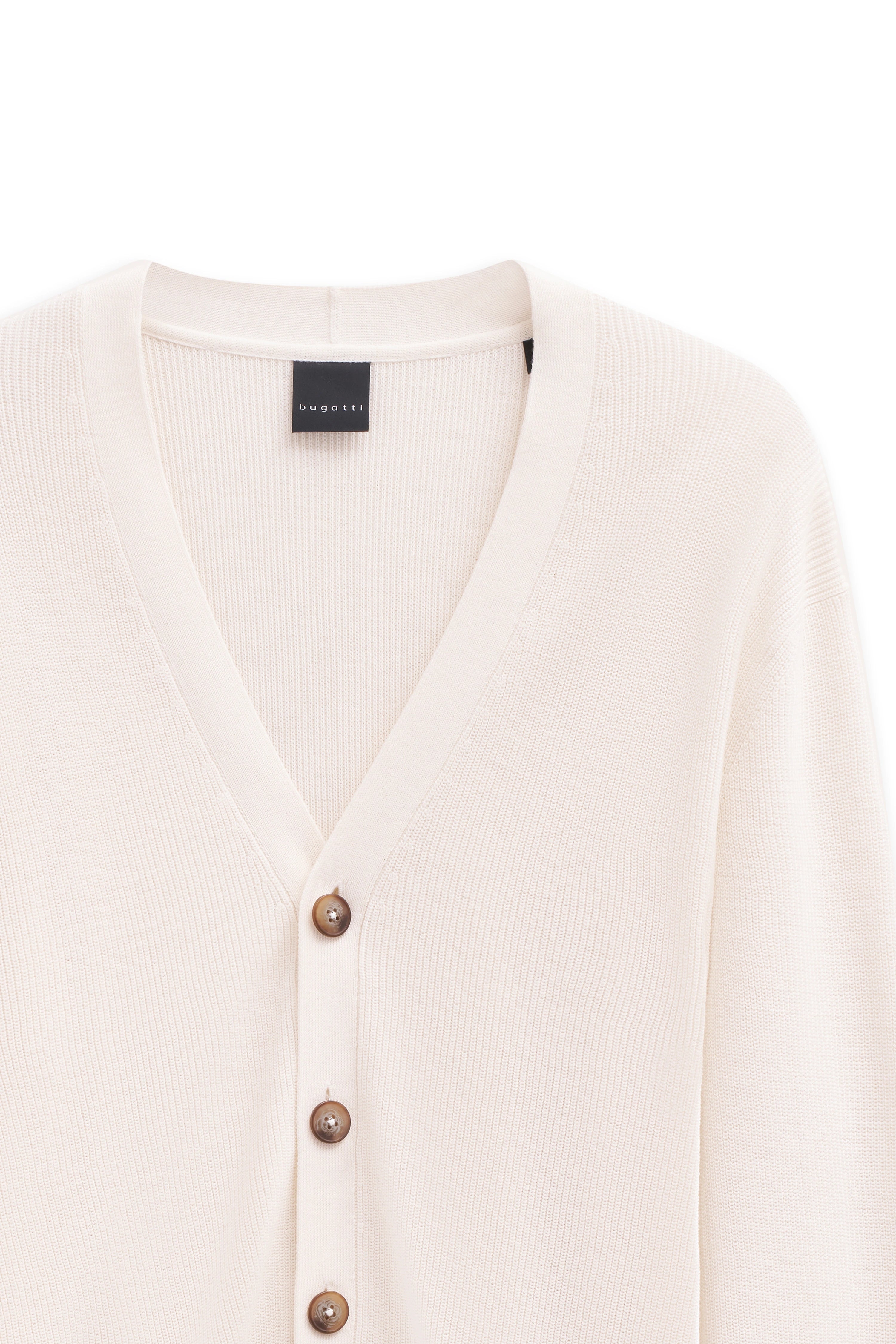 Beige bugatti cardigan with V-neck and buttons, bust view.