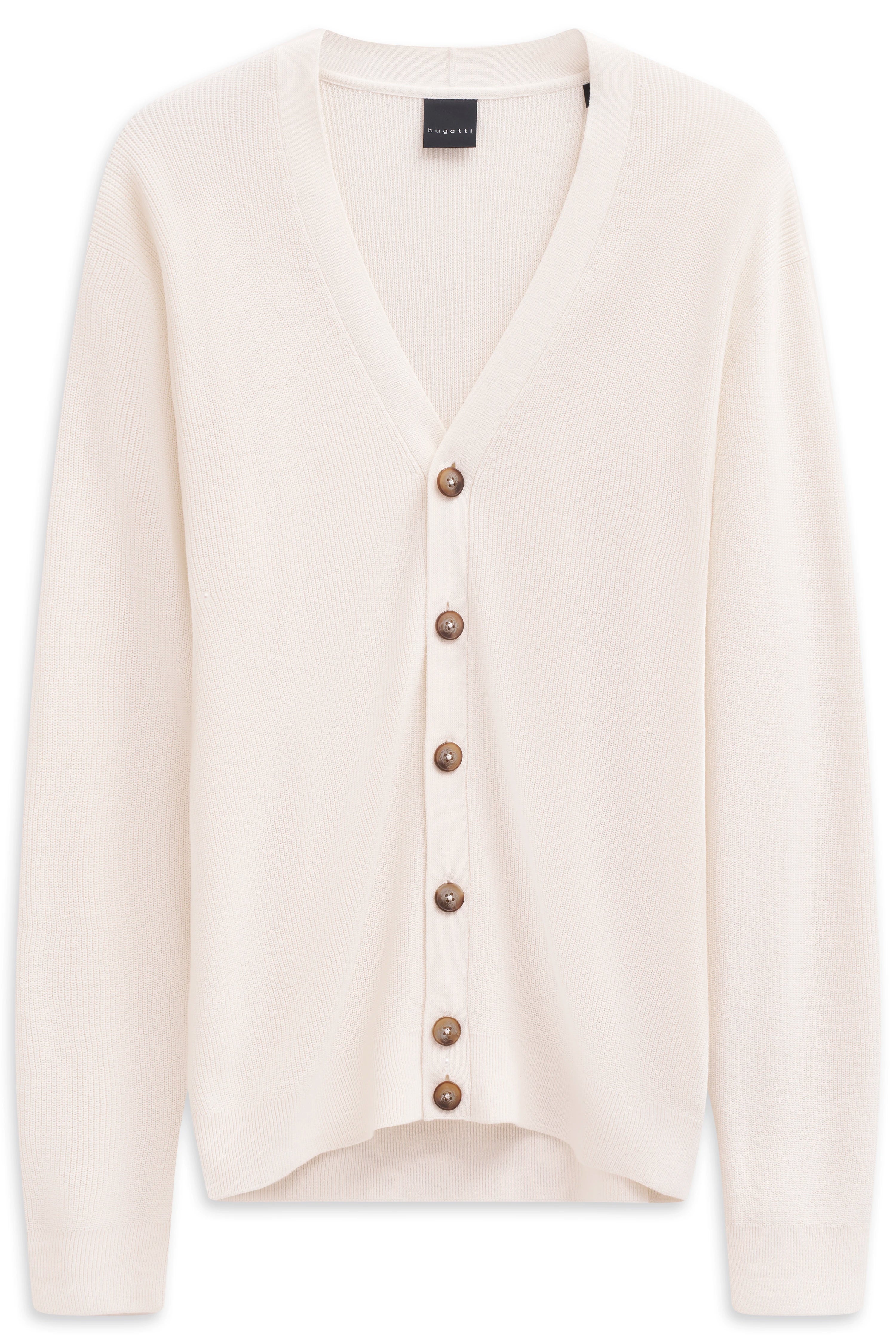 Alt-Text: bugatti cremeweißer Cardigan mit Knopfleiste, Büstenbild, elegantes Design