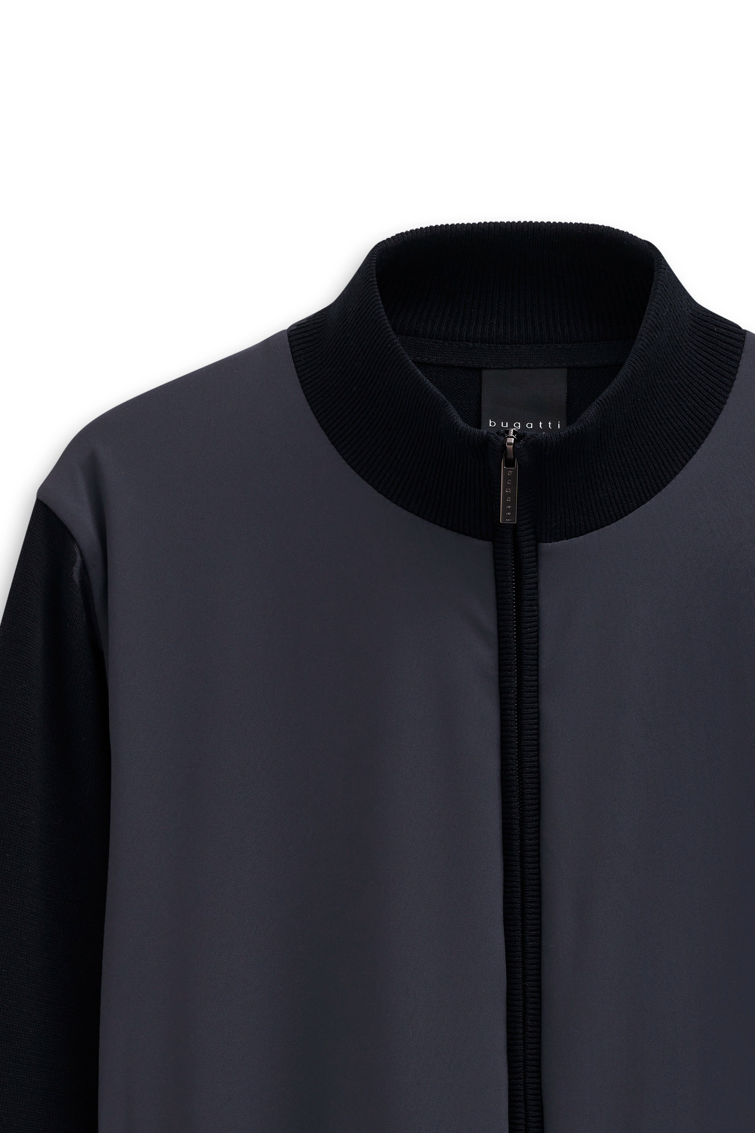 Dark blue bugatti bomber jacket on mannequin, elegant design with zipper.