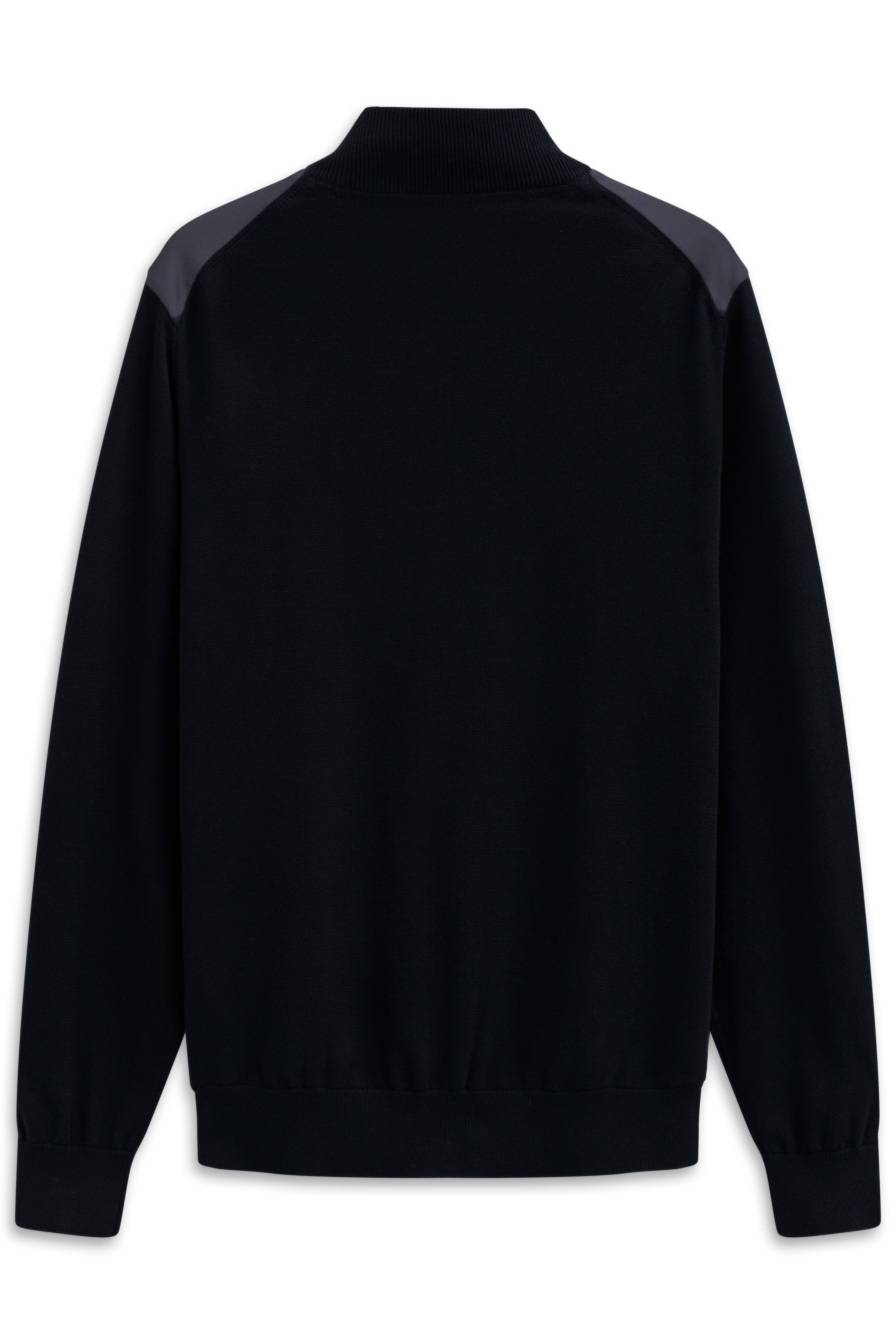 Black bugatti sweater, back view, with contrast shoulder details. Bust shot.