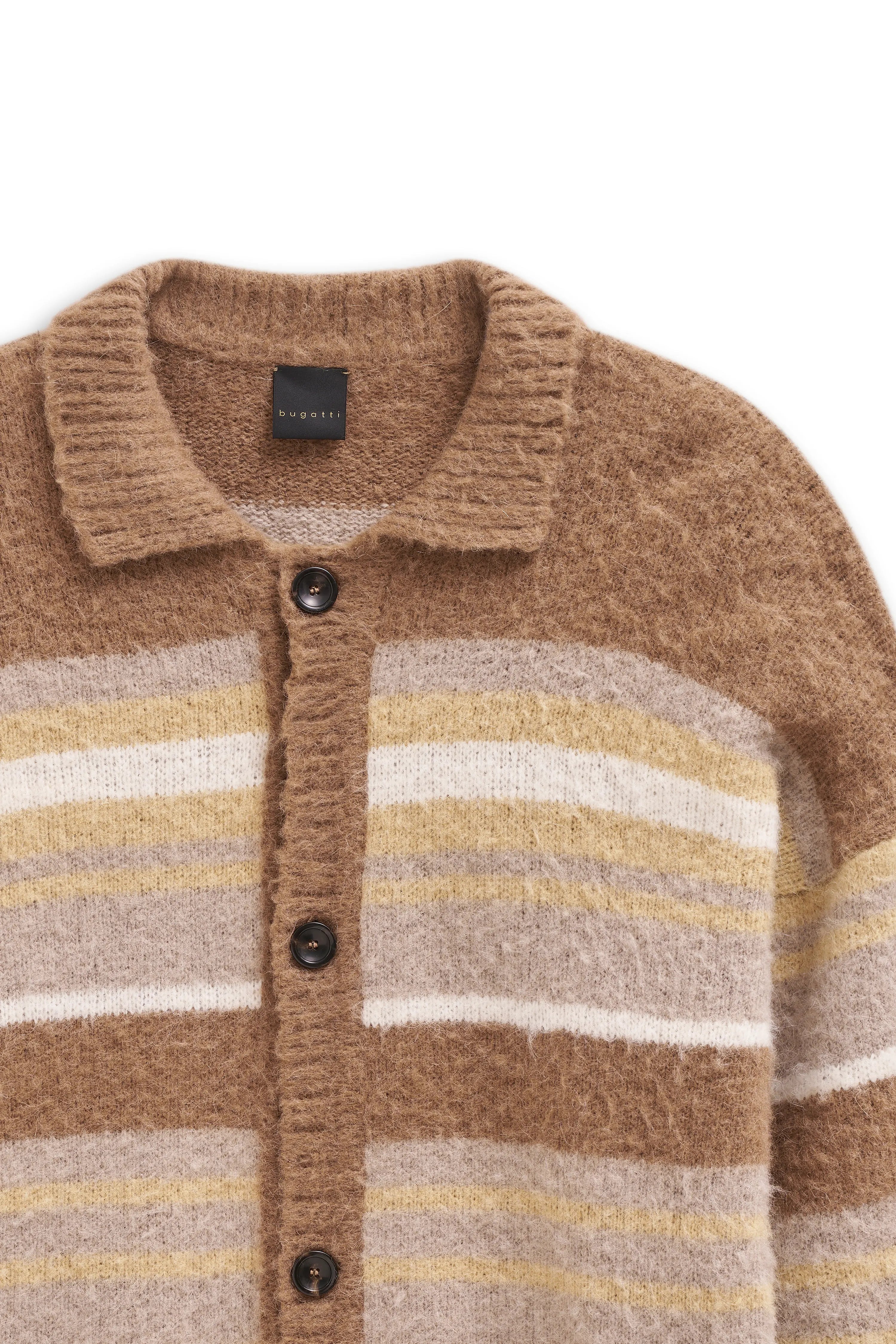 Brown bugatti knit sweater with beige, white, and yellow stripes, bust view.