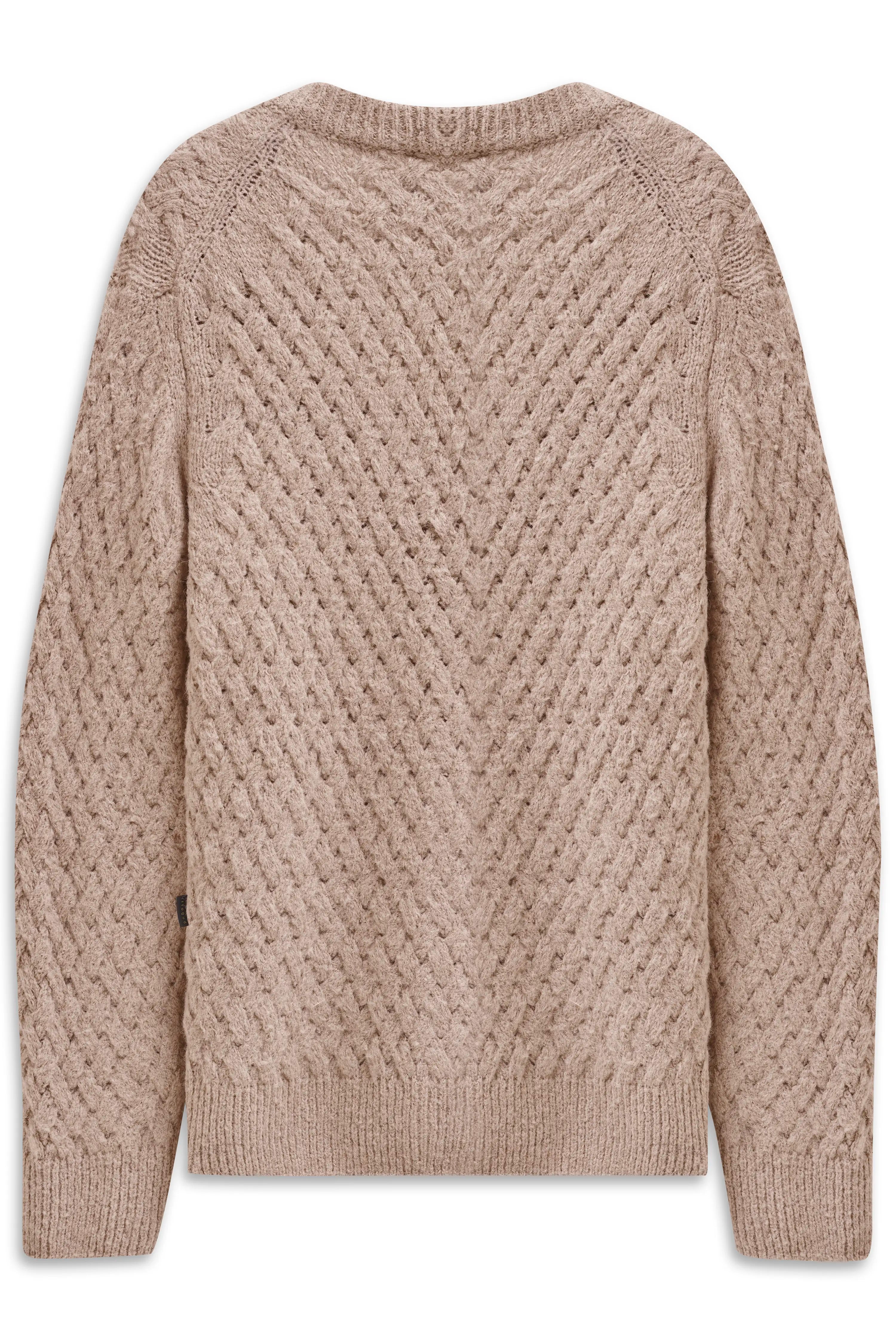 Beiger Strick-Cardigan mit Zopfmuster, Frontansicht, ohne Model, zeitloses Design.