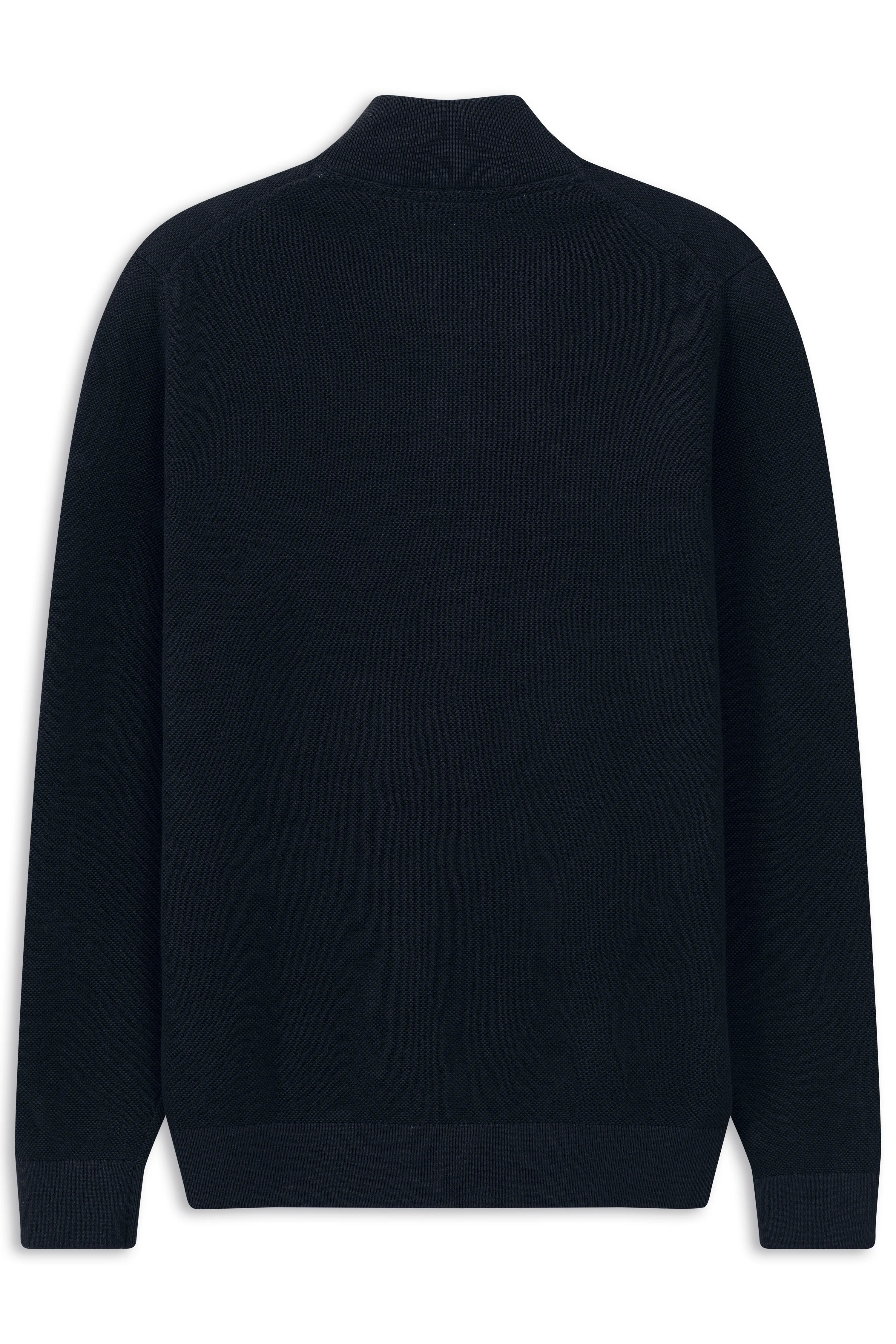 Schwarzer bugatti Strickjacke mit Reißverschluss, Büstenbild, schlichtes Design.