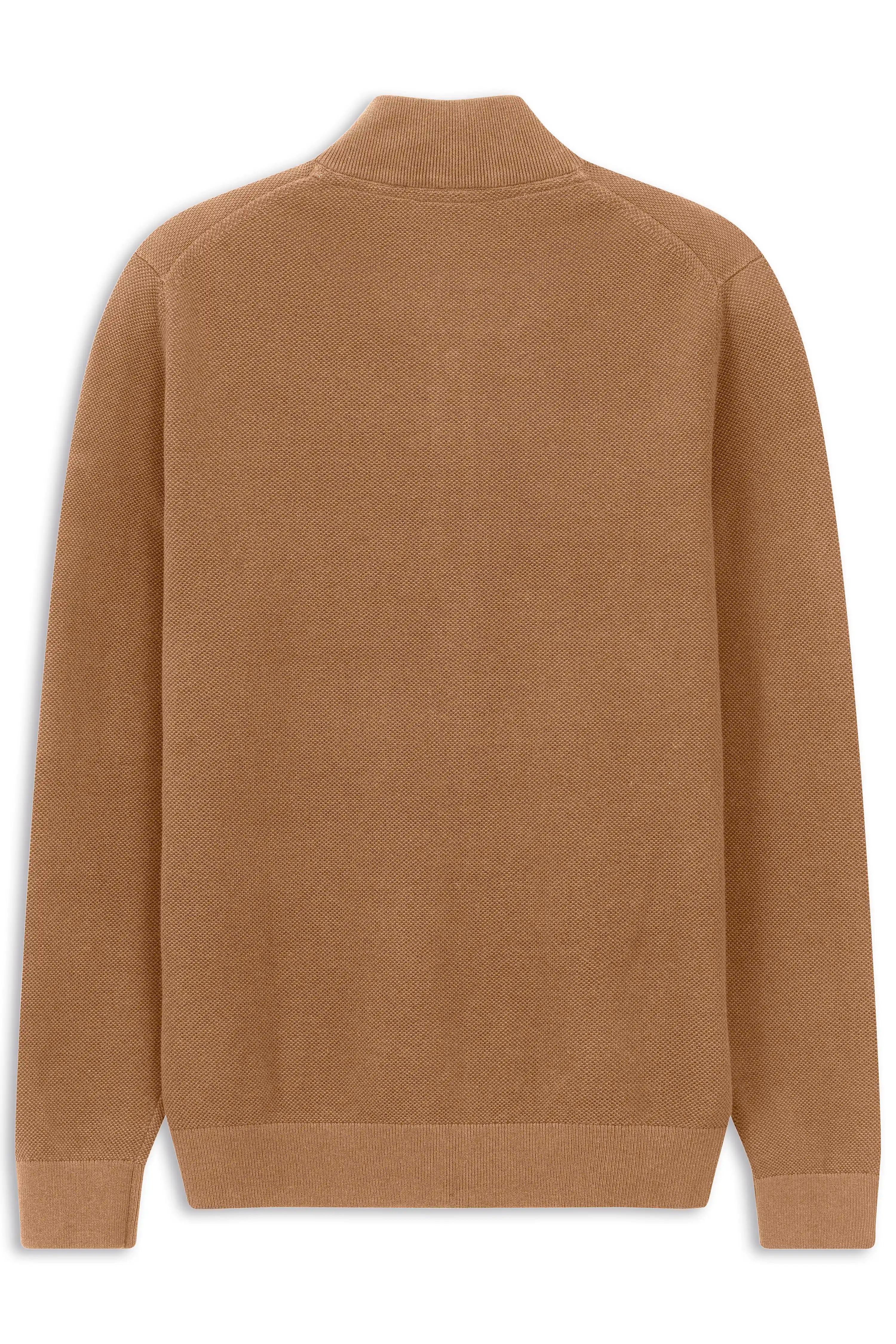 Brauner bugatti Pullover, Rückansicht, Büstenbild, strukturierter Stoff, elegantes Design.