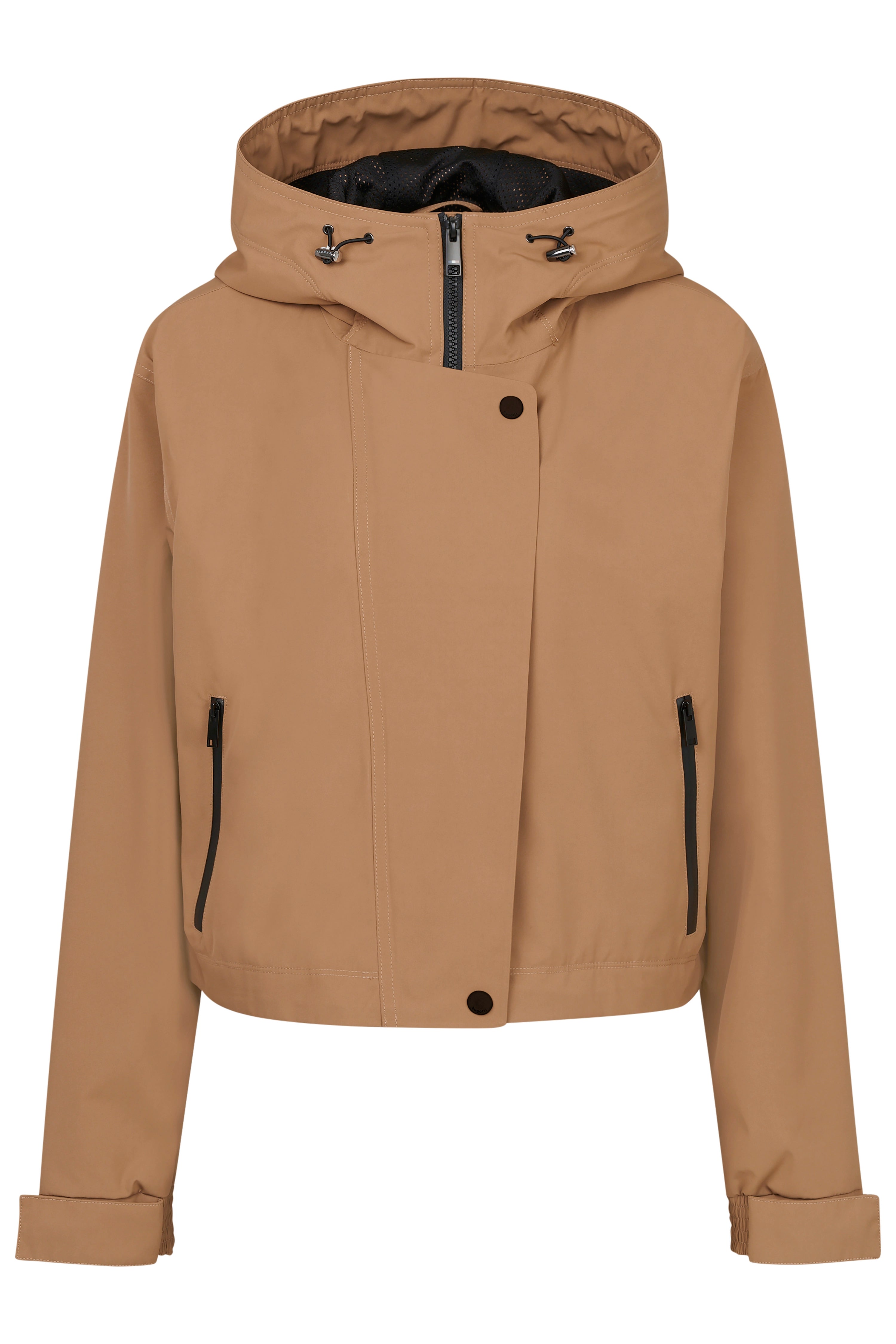 bugatti beige Jacke mit Kapuze, schwarzer Reißverschluss, Büstenbild.