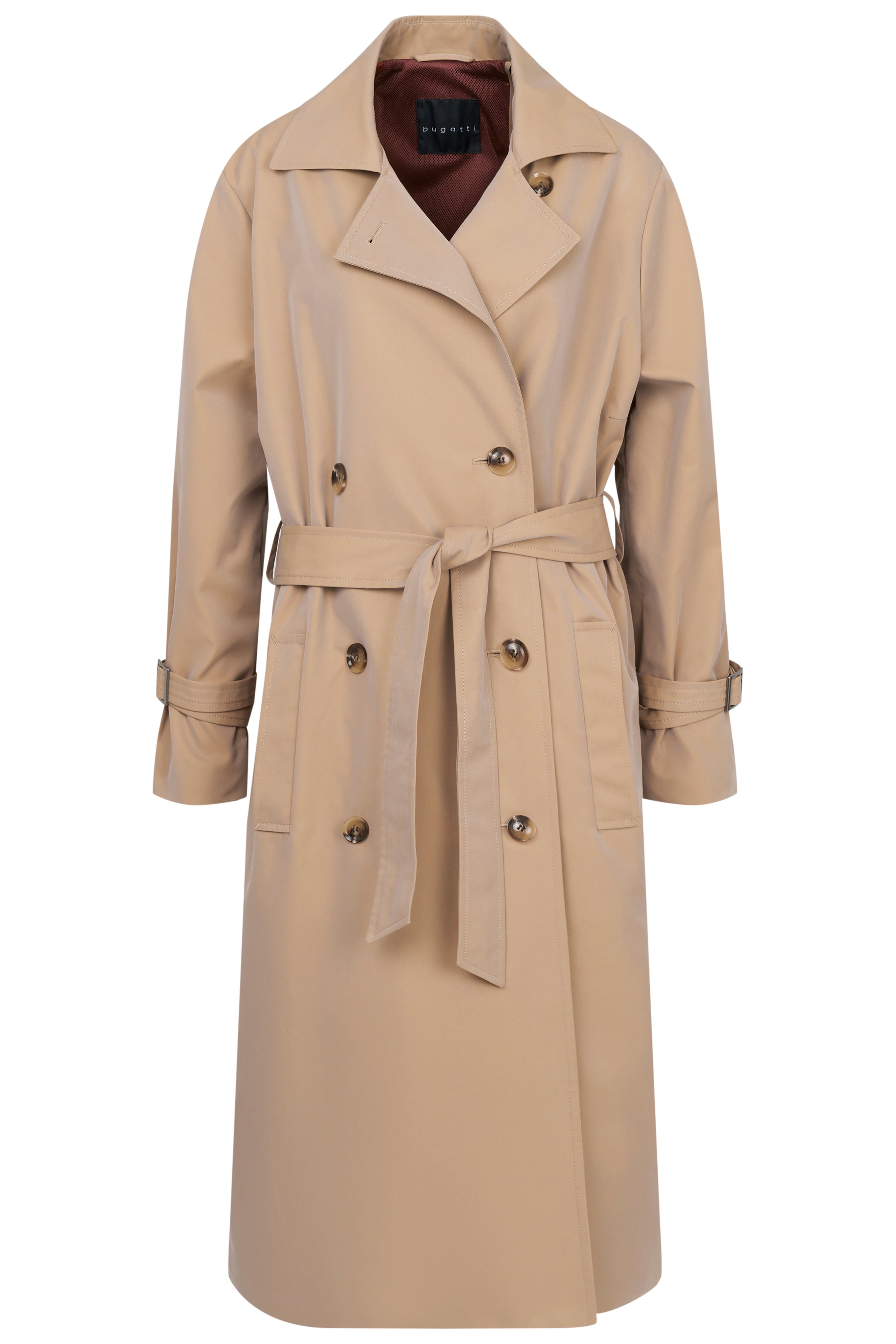 Beigefarbener Trenchcoat von bugatti, Büstenbild, klassisches Design mit Gürtel und Knopfleiste.