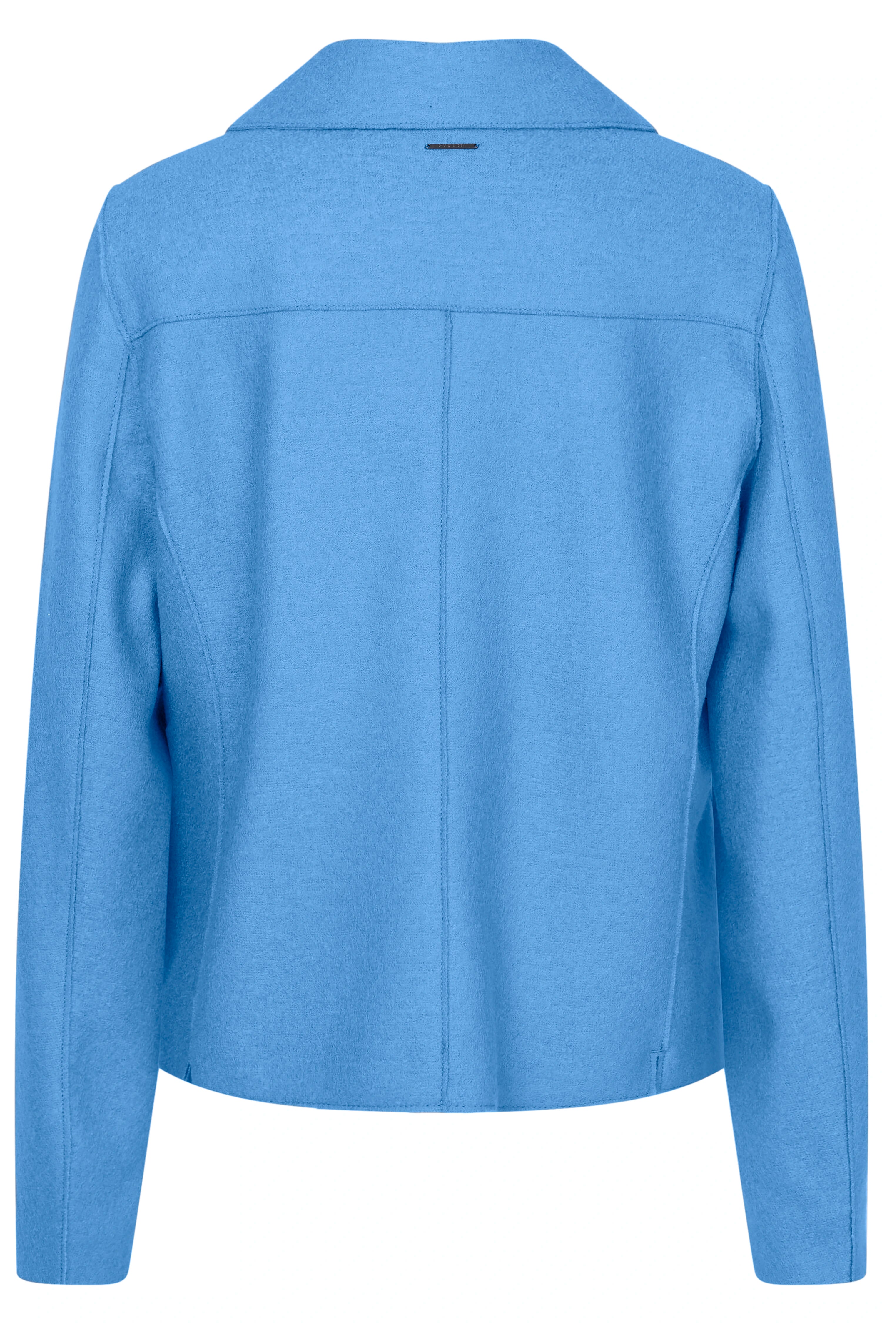 Blauwe bugatti blazer, eenvoudig design, achteraanzicht, casual uitstraling.