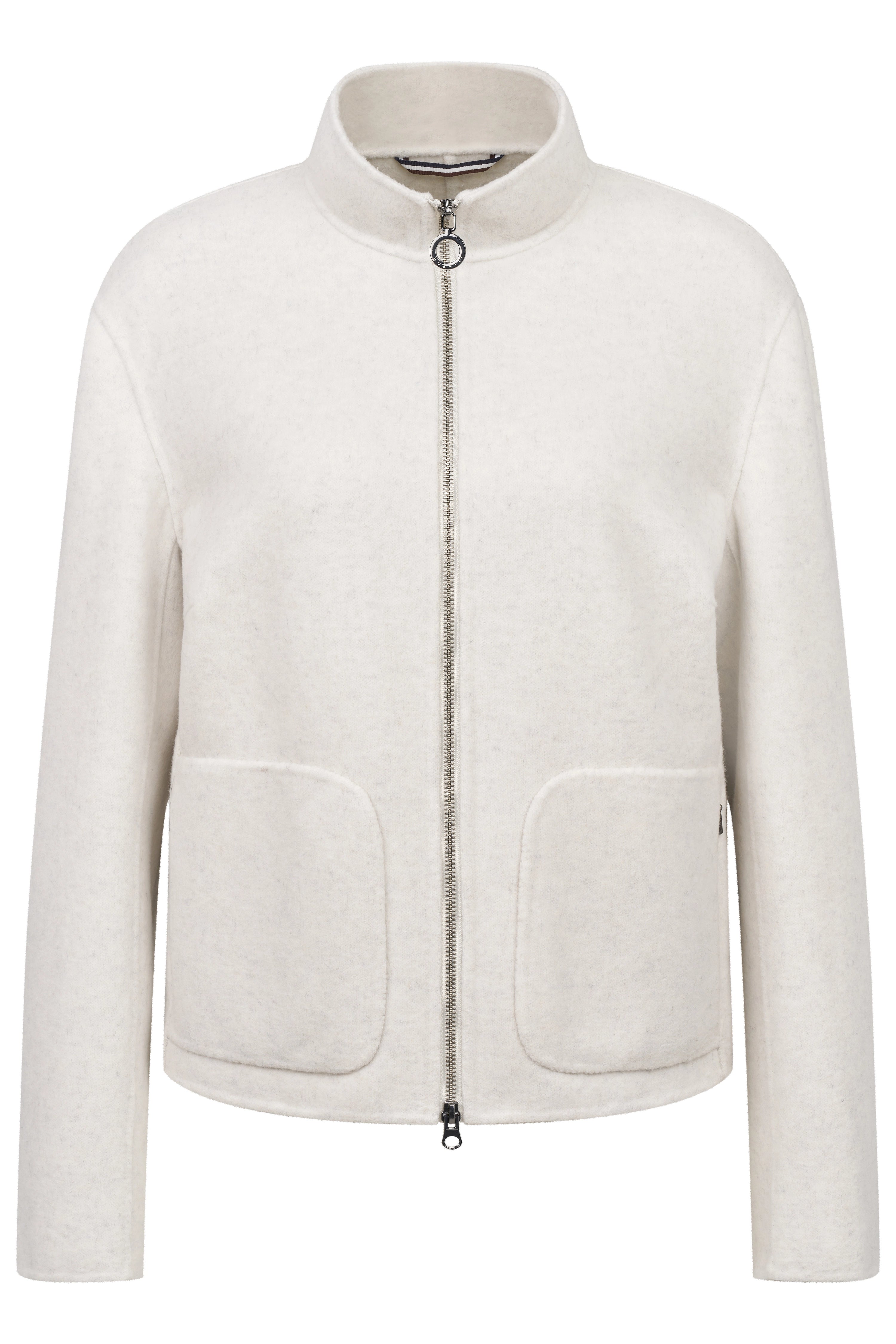 Weißer bugatti-Cardigan mit Reißverschluss, Büstenbild, elegantes Design.