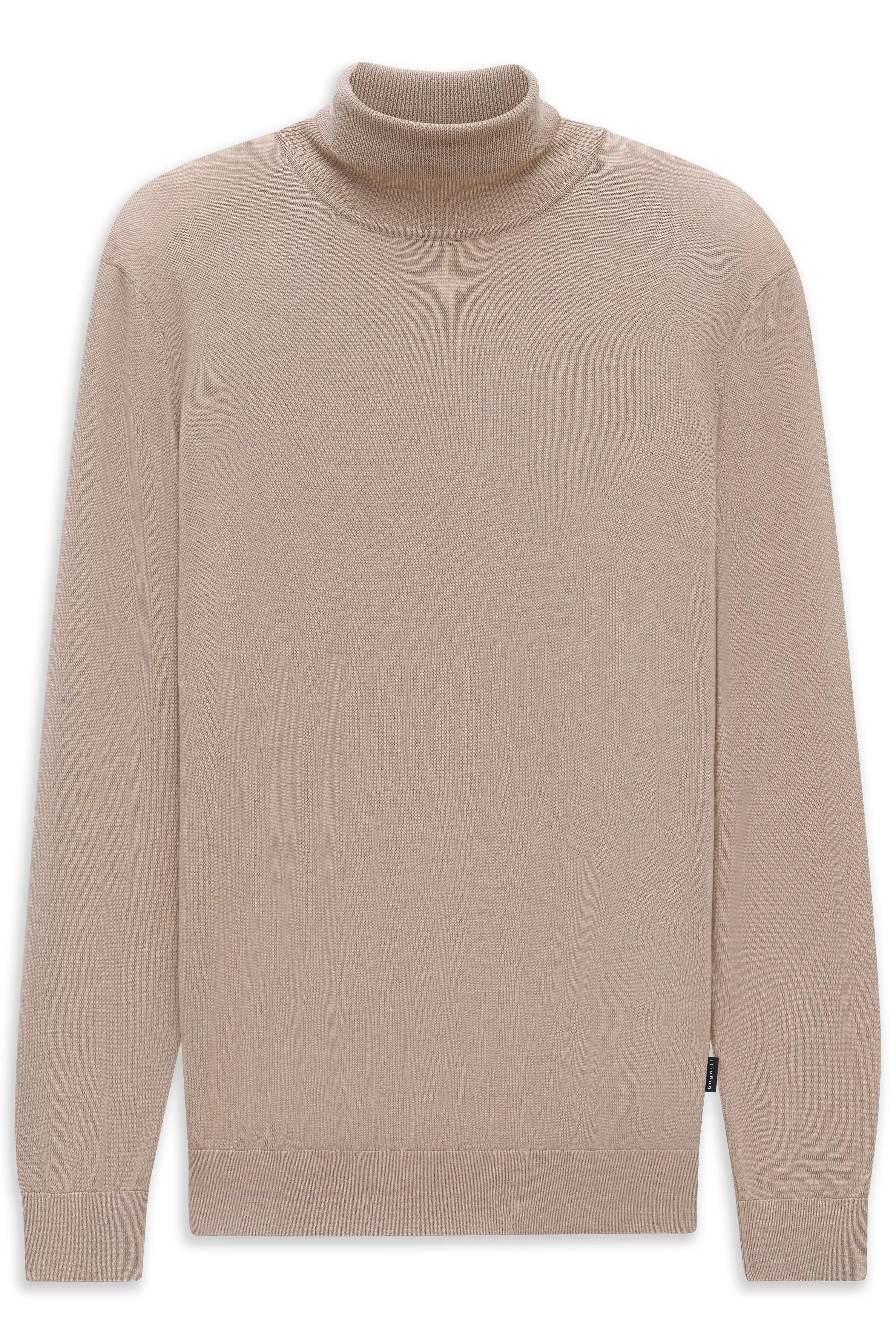 Beiger bugatti Rollkragenpullover, Büstenbild, zeitloser Stil, hochwertige Materialien.
