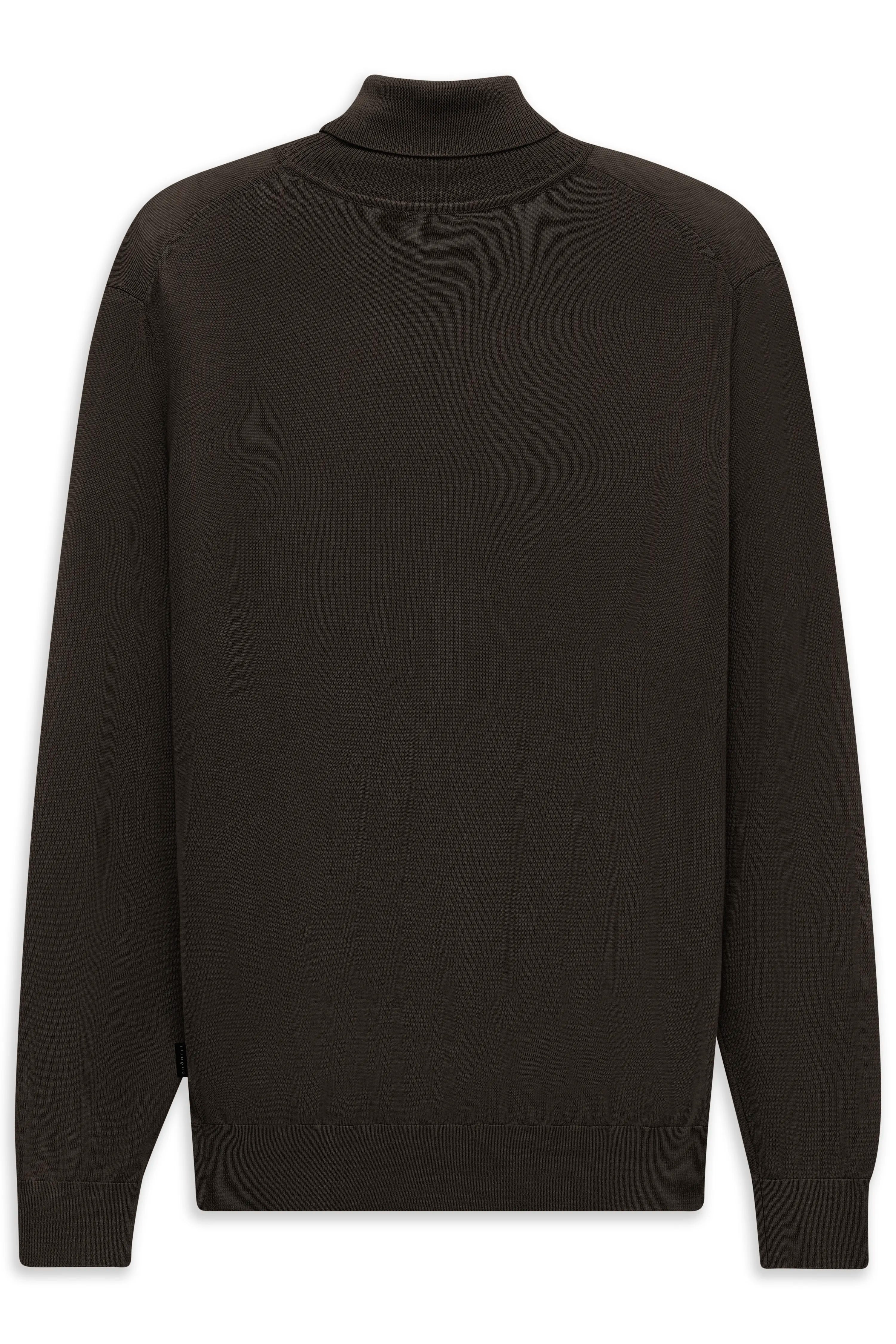 Dunkelbrauner bugatti Rollkragenpullover, Büstenbild, elegantes Design.