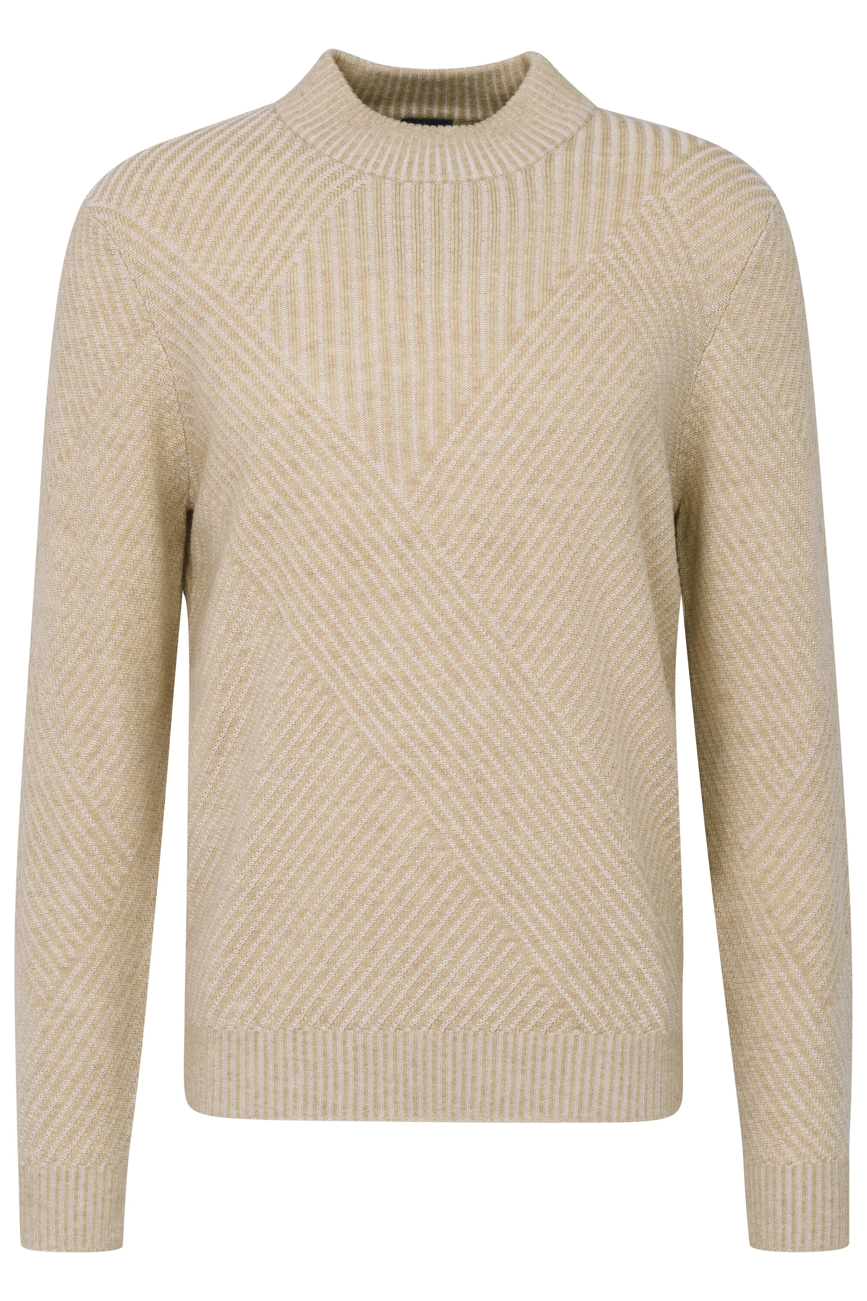 Beiger bugatti Pullover mit geometrischem Muster, Büstenbild, zeitlose Eleganz und hochwertige Verarbeitung.