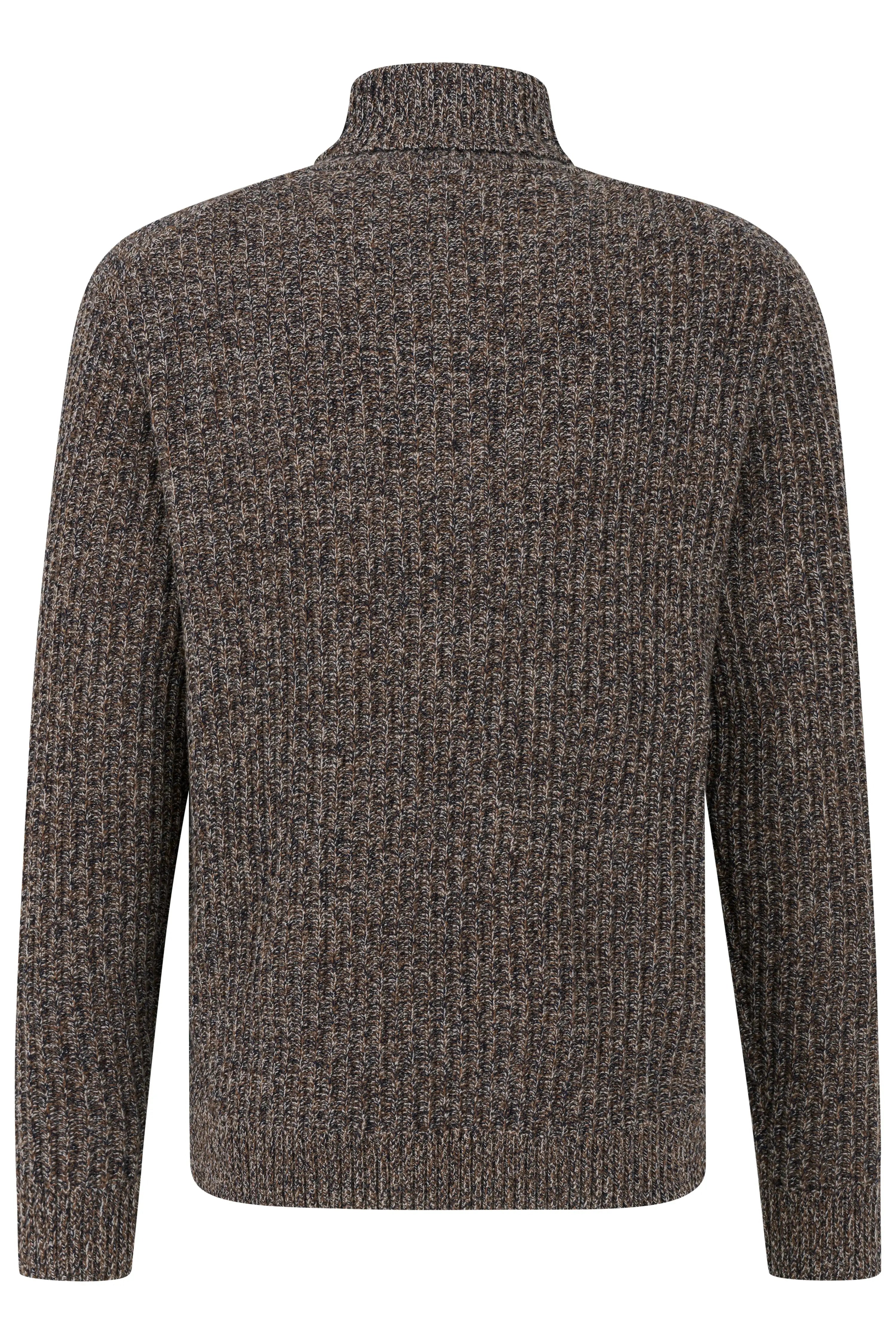 Brown knitted sweater by bugatti, back view, marled design, elegant and timeless pattern.