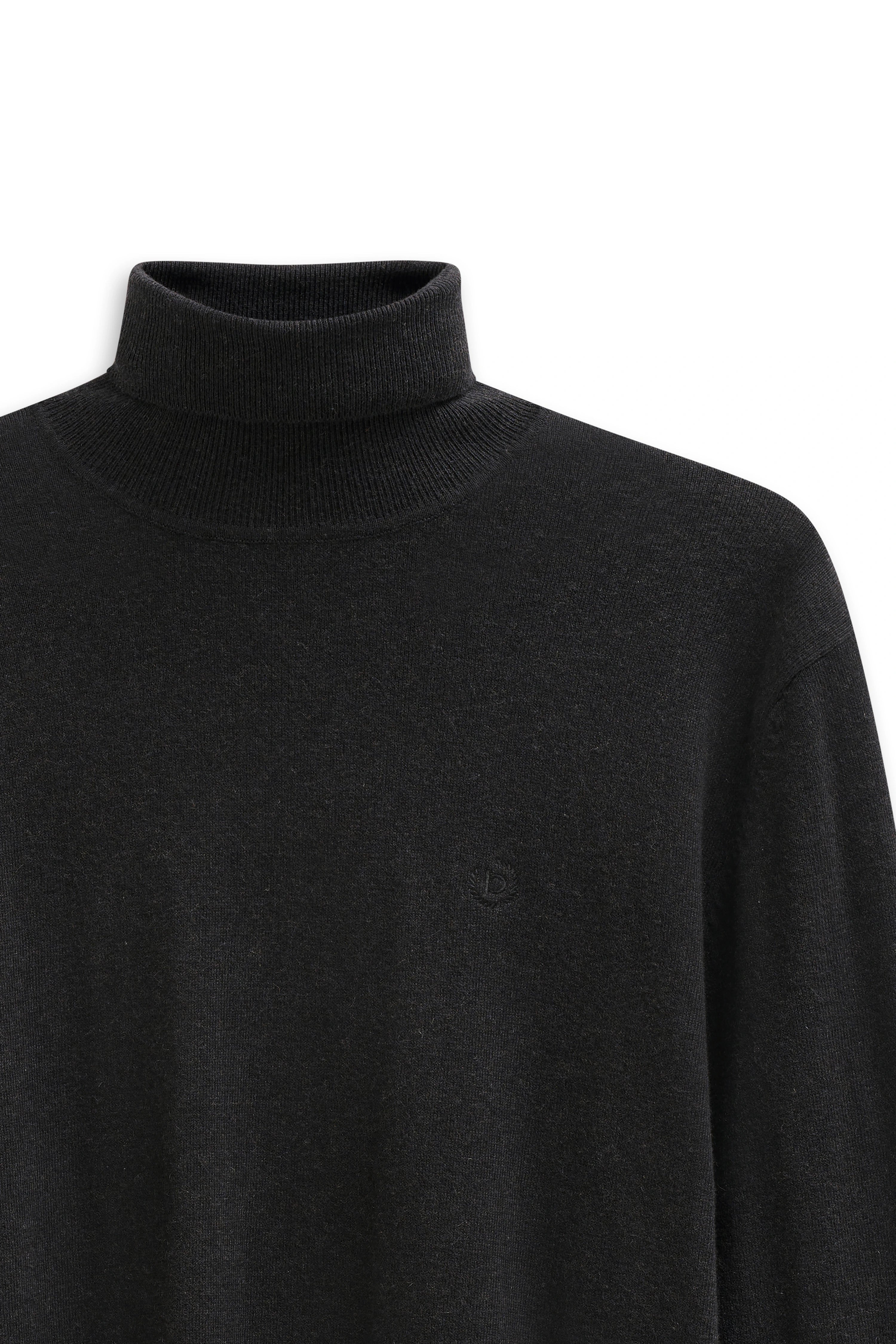 Black bugatti turtleneck sweater, bust image, subtle design for elegant style.