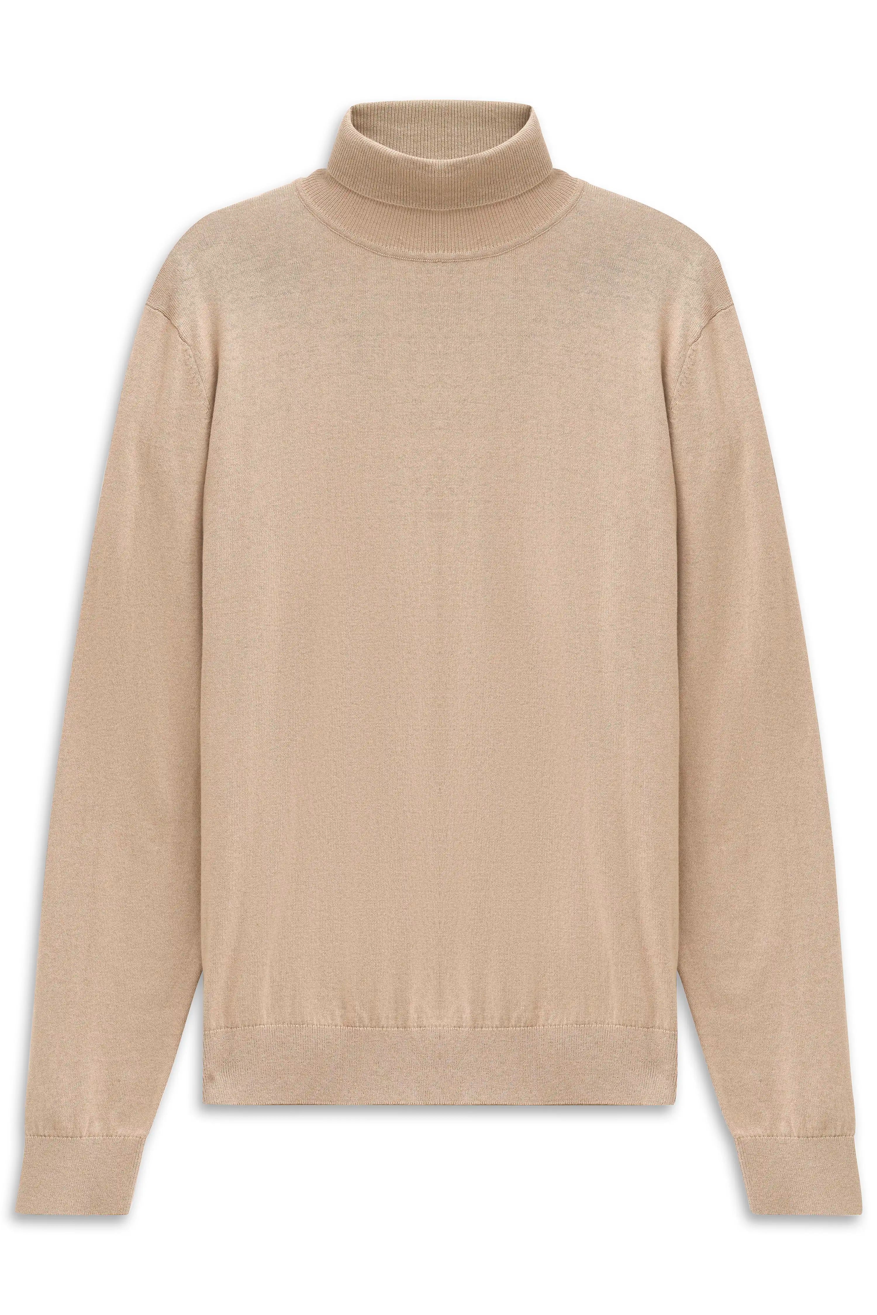 Beige bugatti turtleneck sweater, classic design, bust view.
